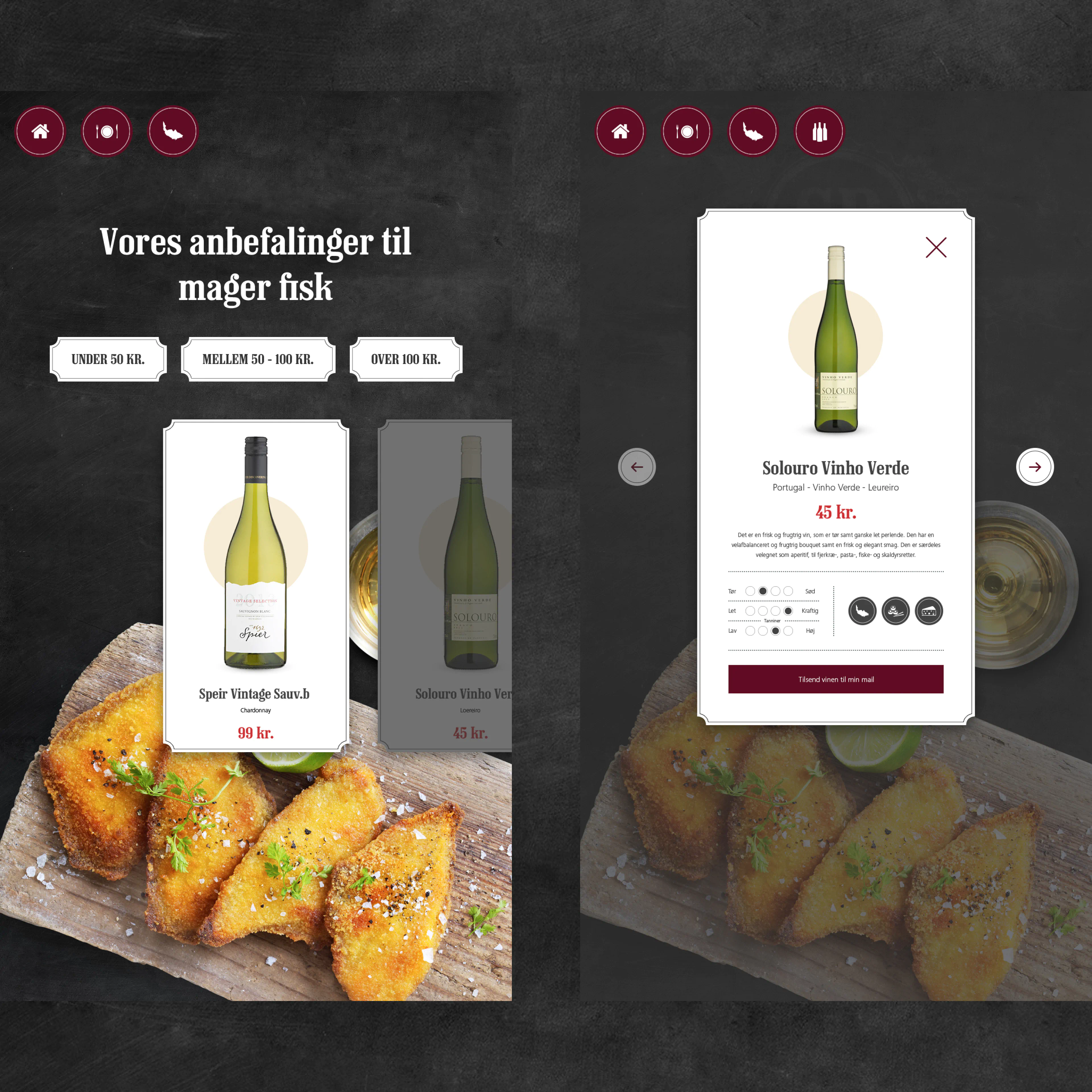 UI visuals from the SuperBrugsen In-store Digital Wine Universe, showing wine recommendations and detailed product cards for fish pairings.