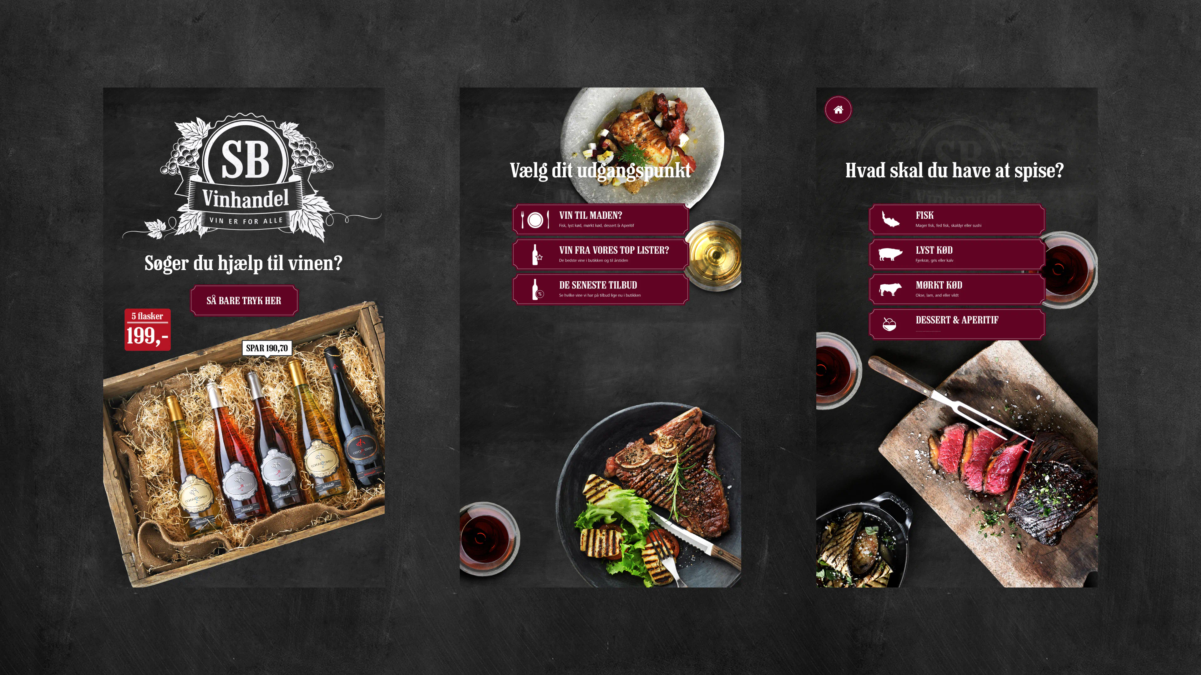 SuperBrugsen In-store Digital Wine Universe user flow screens, showing wine recommendations, meal choices, and interactive product details.