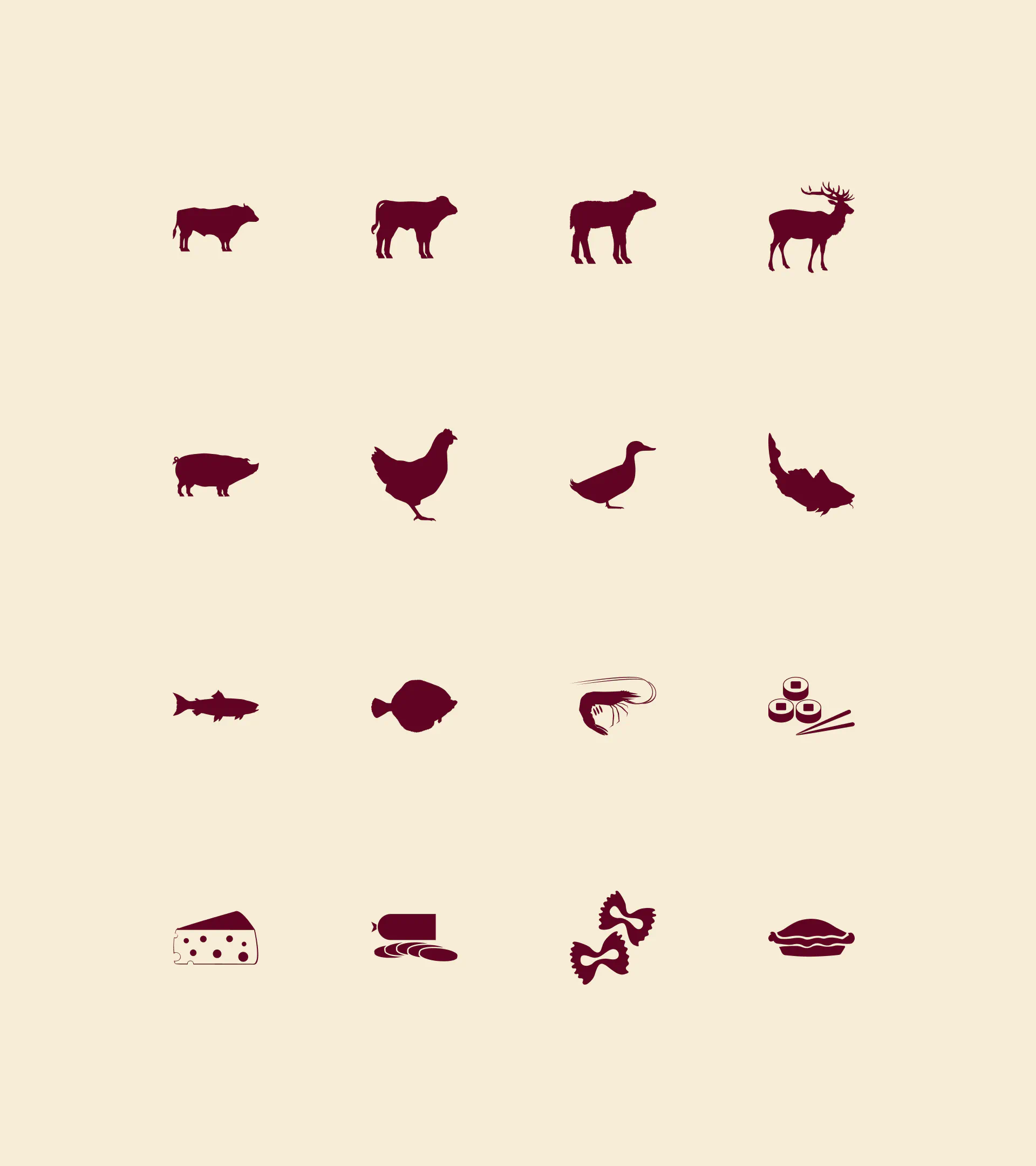 Custom icons designed for the SuperBrugsen In-store Digital Wine Universe, representing meats, fish, cheese, pasta, and food categories.