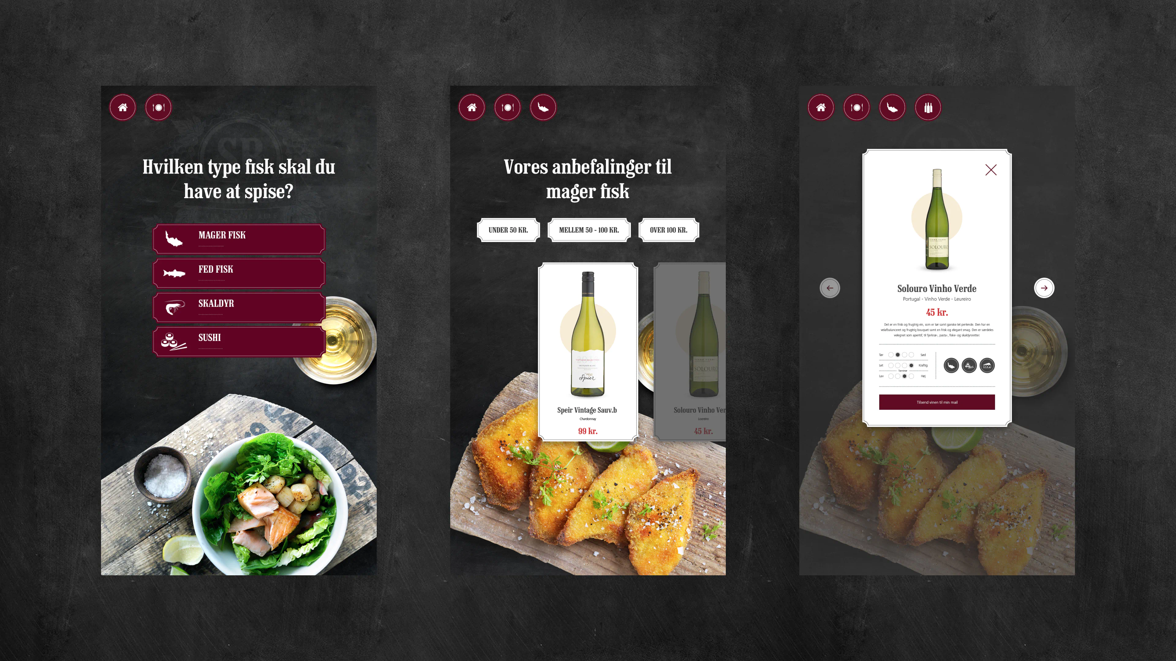 User flow screens from the SuperBrugsen In-store Digital Wine Universe, showing wine selection steps from food choice to recommended bottles.