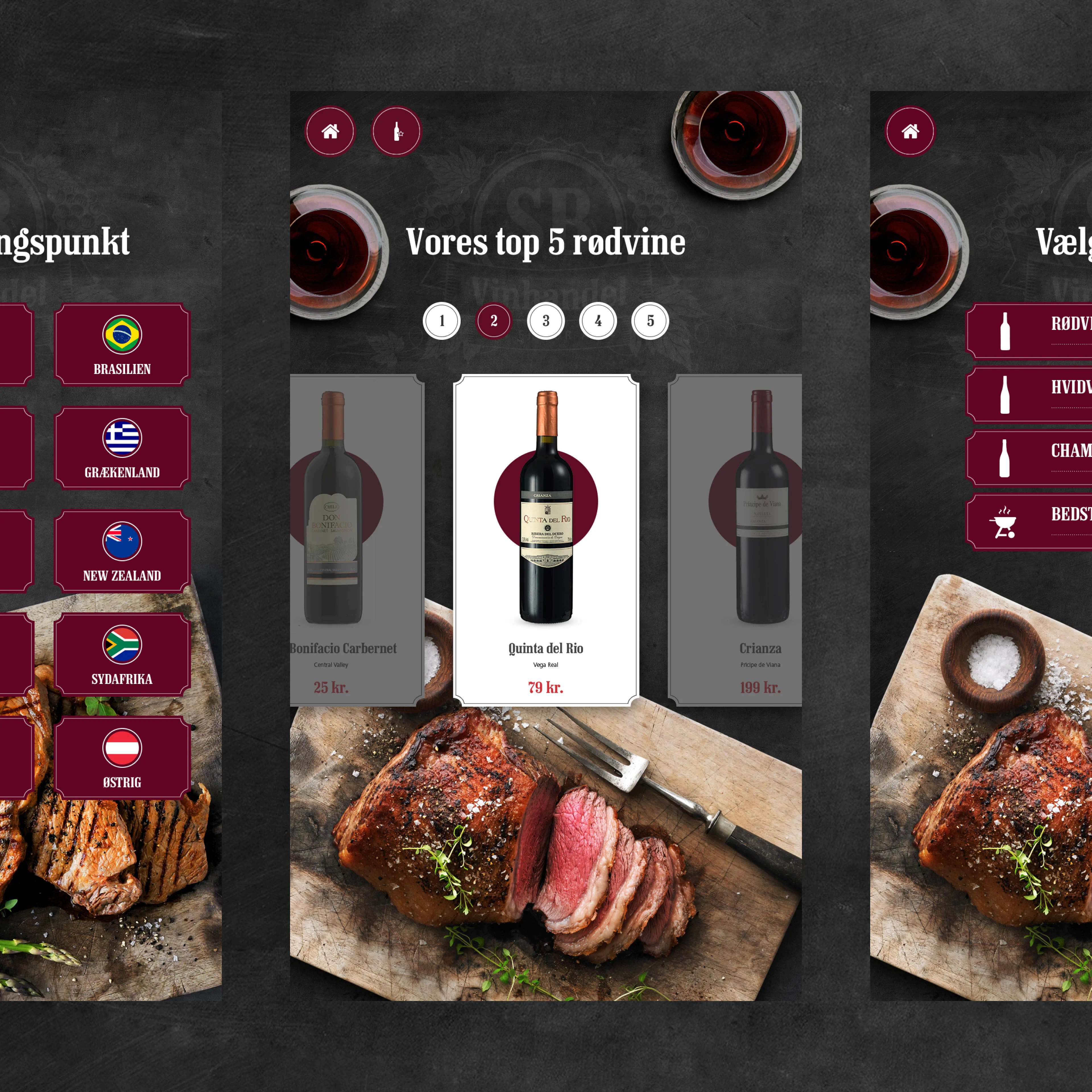 Three UI design screens from the SuperBrugsen In-store Digital Wine Universe, highlighting entry points, wine categories, and food pairings.