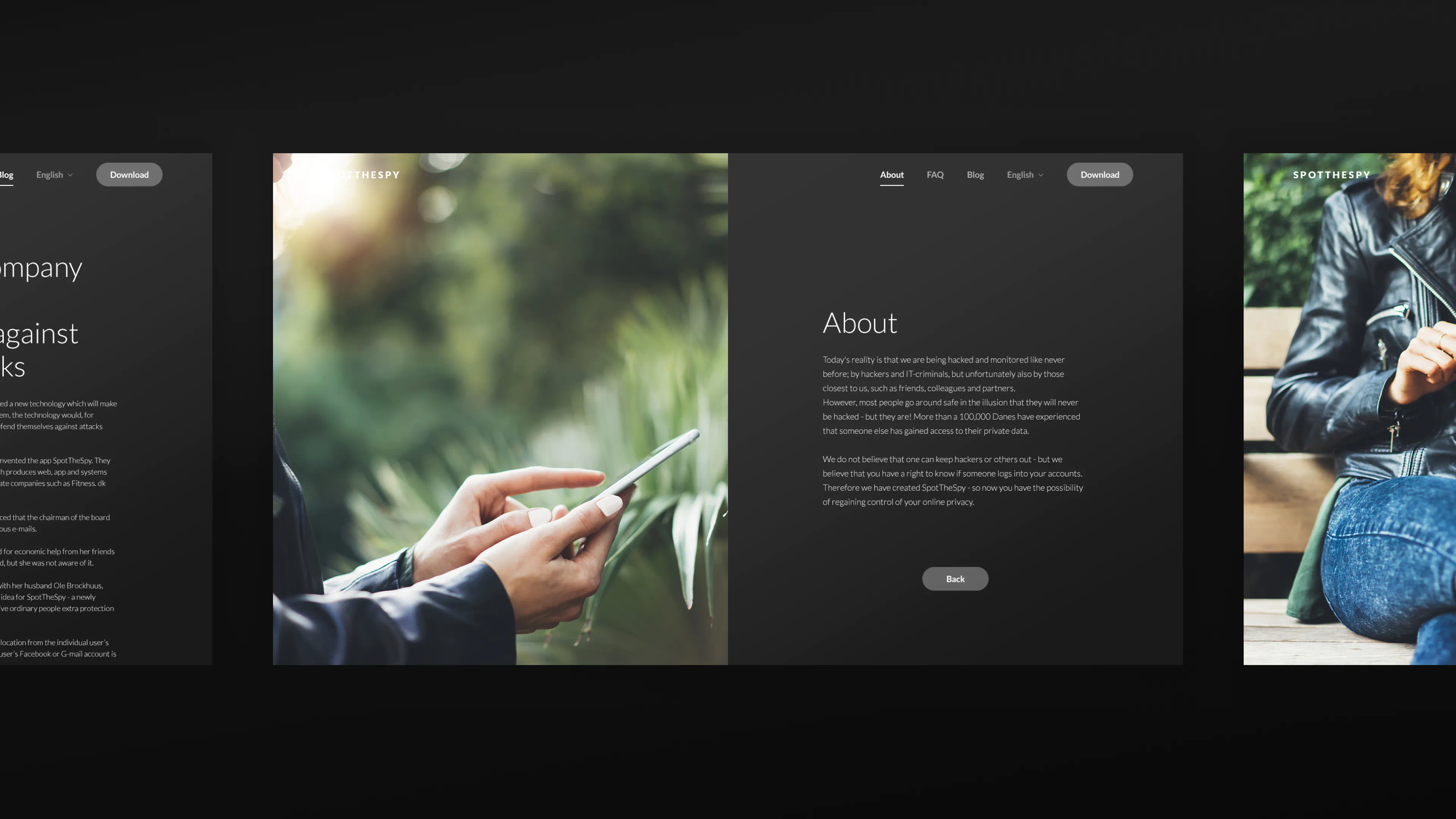 Desktop screens highlighting SPOTTHESPY’s website UI design, including informational pages and security messaging to communicate trust.