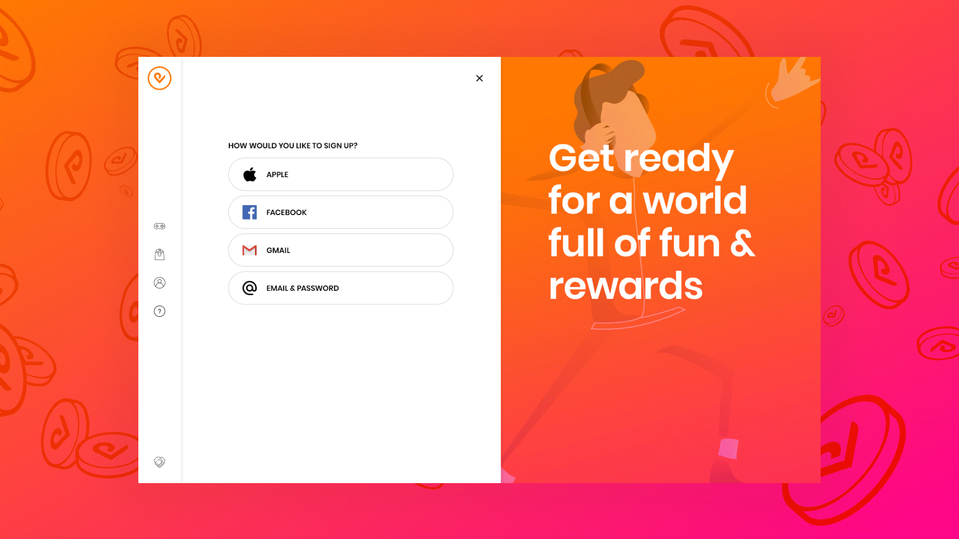 Animation of the Pointvoucher sign-up and log-in screen with bold gradient colours, large icons for Apple, Facebook, Gmail, and email login options, and the tagline “Get ready for a world full of fun & rewards.”