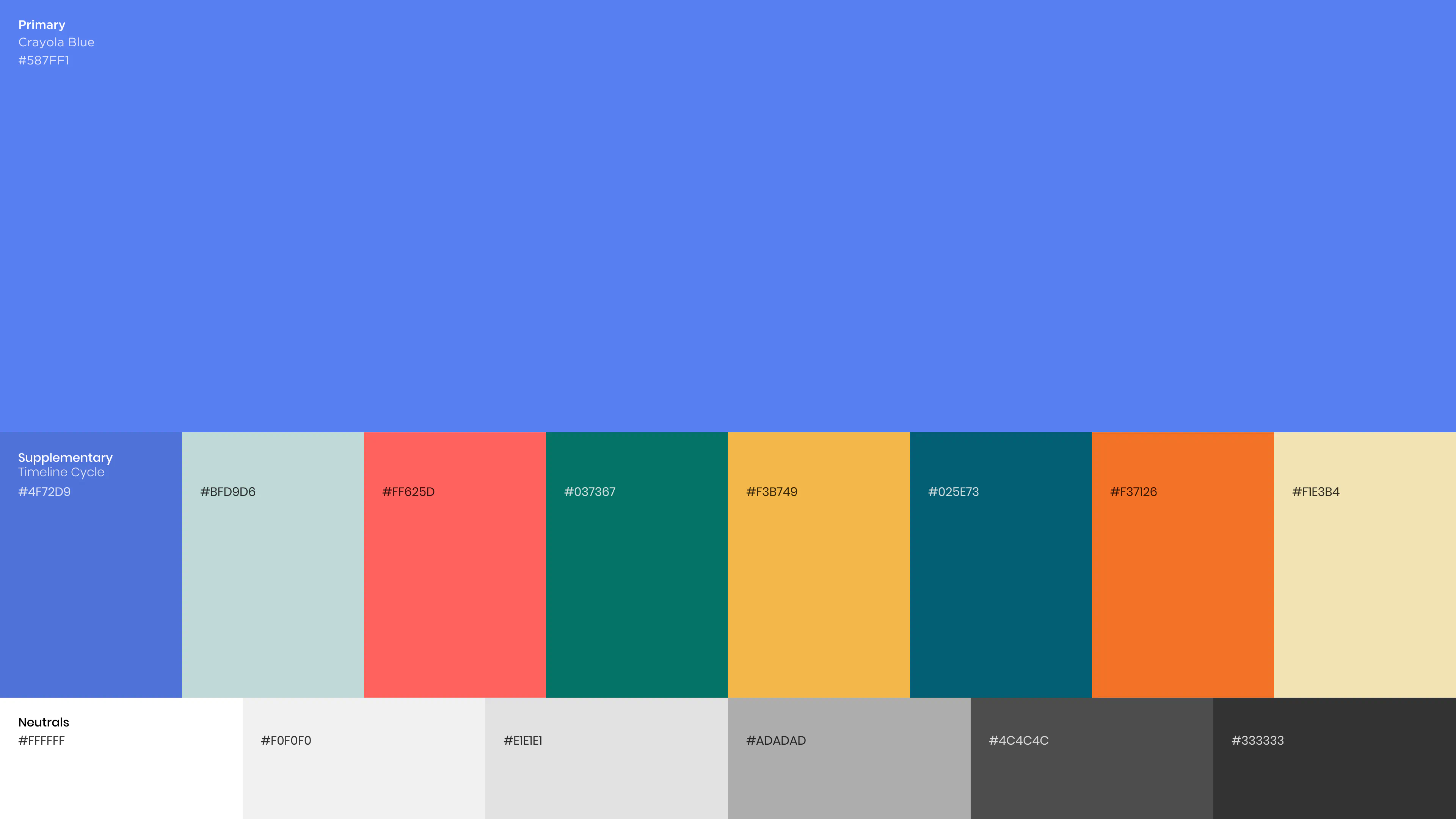 August Krogh project color palette, featuring Crayola Blue primary and supplementary timeline cycle colors with neutrals and accents.