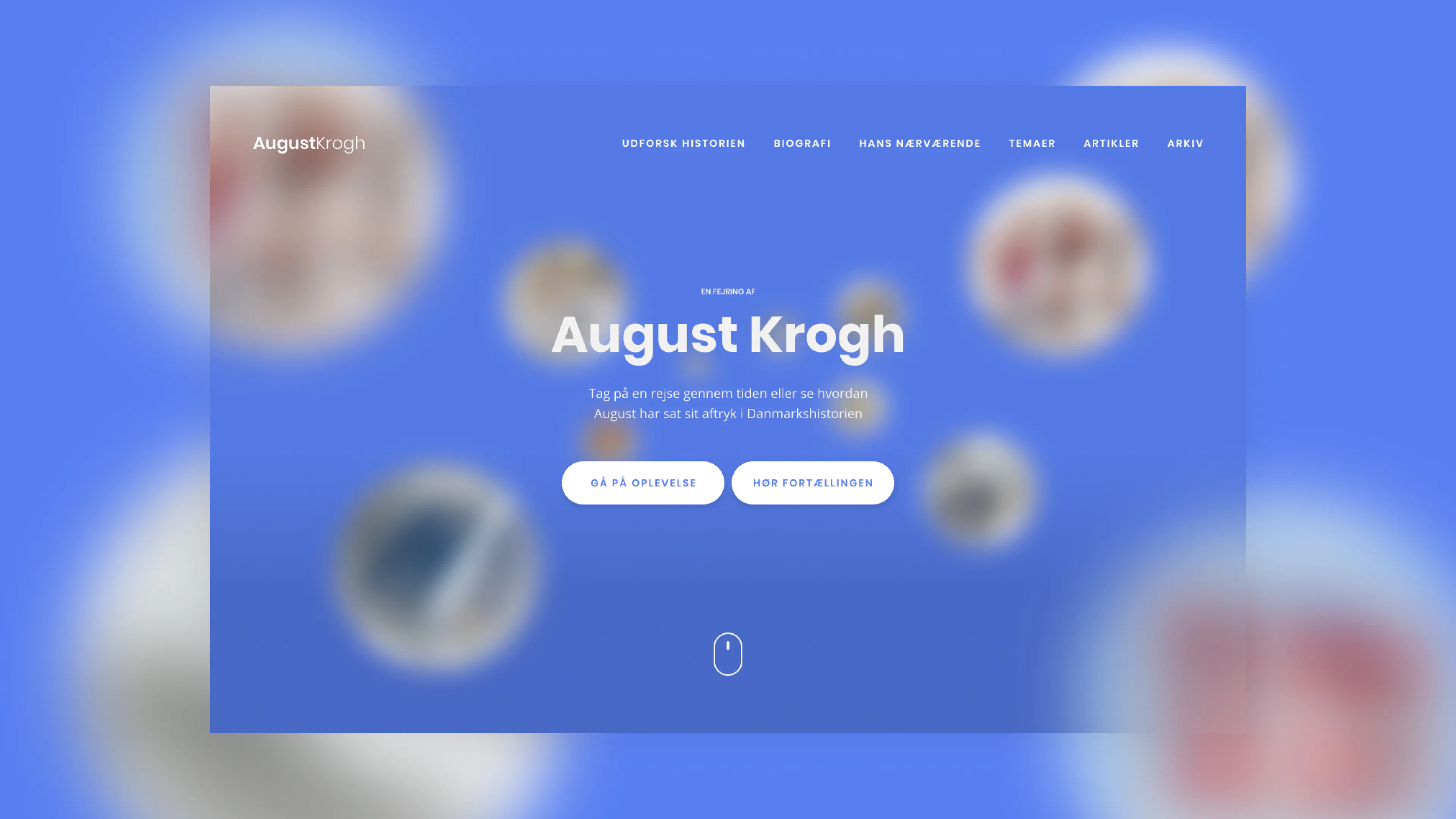 Case study thumbnail of the August Krogh interactive website, featuring a scroll-based timeline. Concept development, UI and interaction design for Novo Nordisk Foundation.