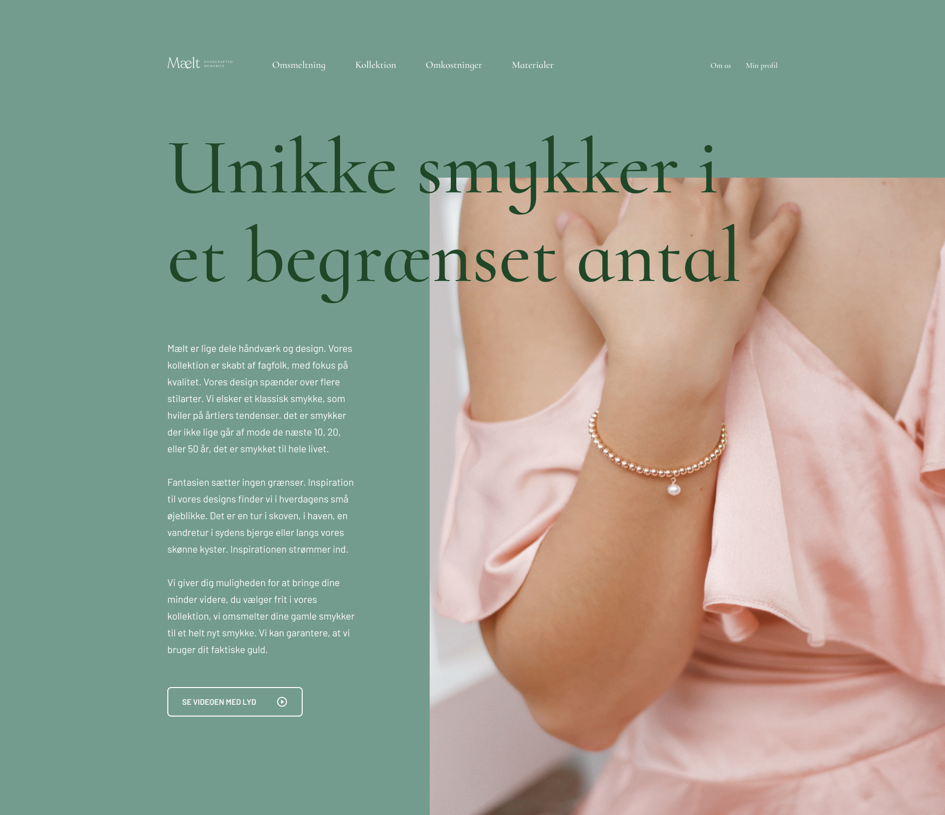 Hero section animation for Mælt’s website showing a jewellery collection with dynamic typography and colour theme variations.