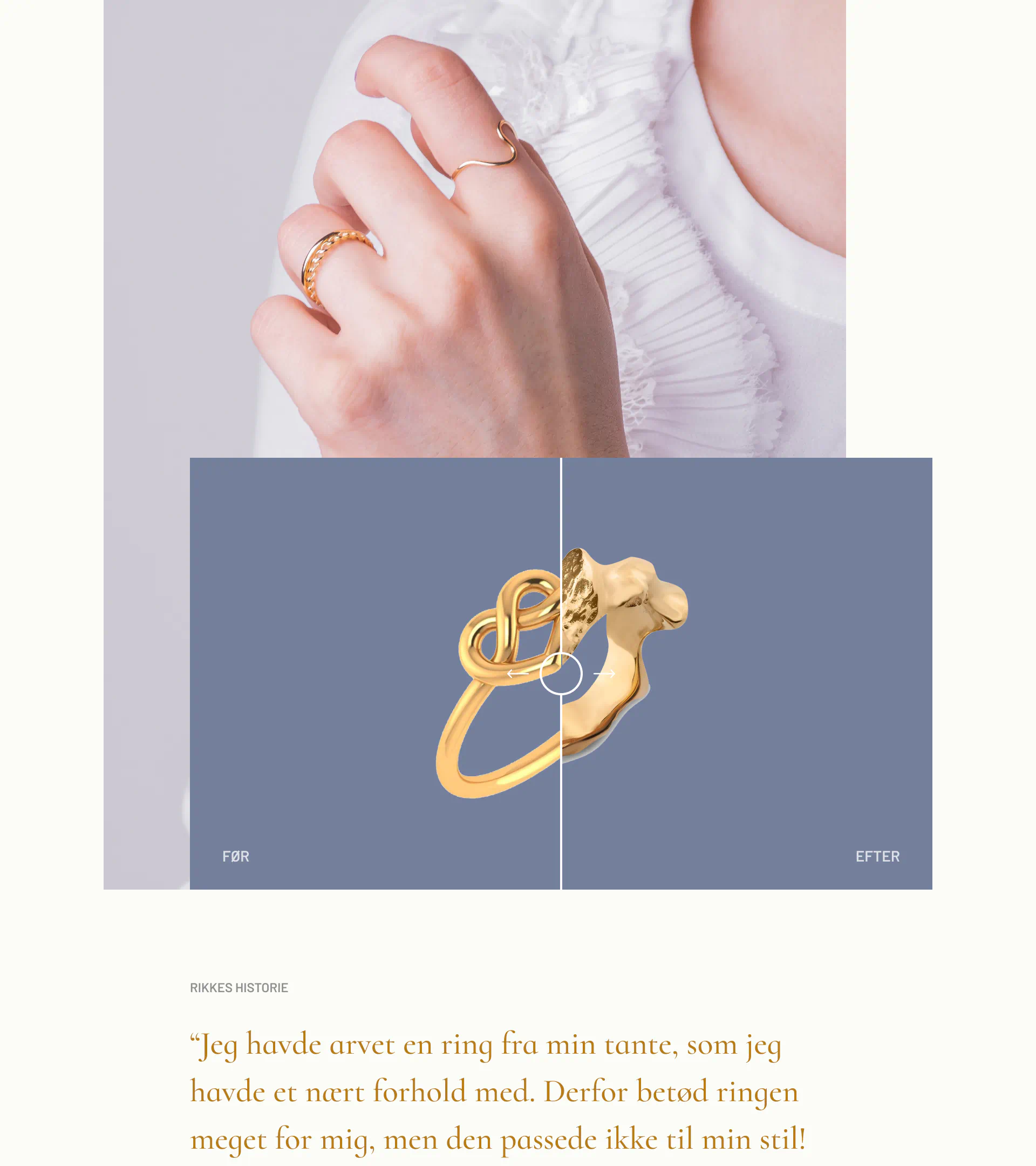 Interactive testimonial section featuring a before-and-after transformation of a customer’s inherited ring, accompanied by a personal story explaining the redesign.