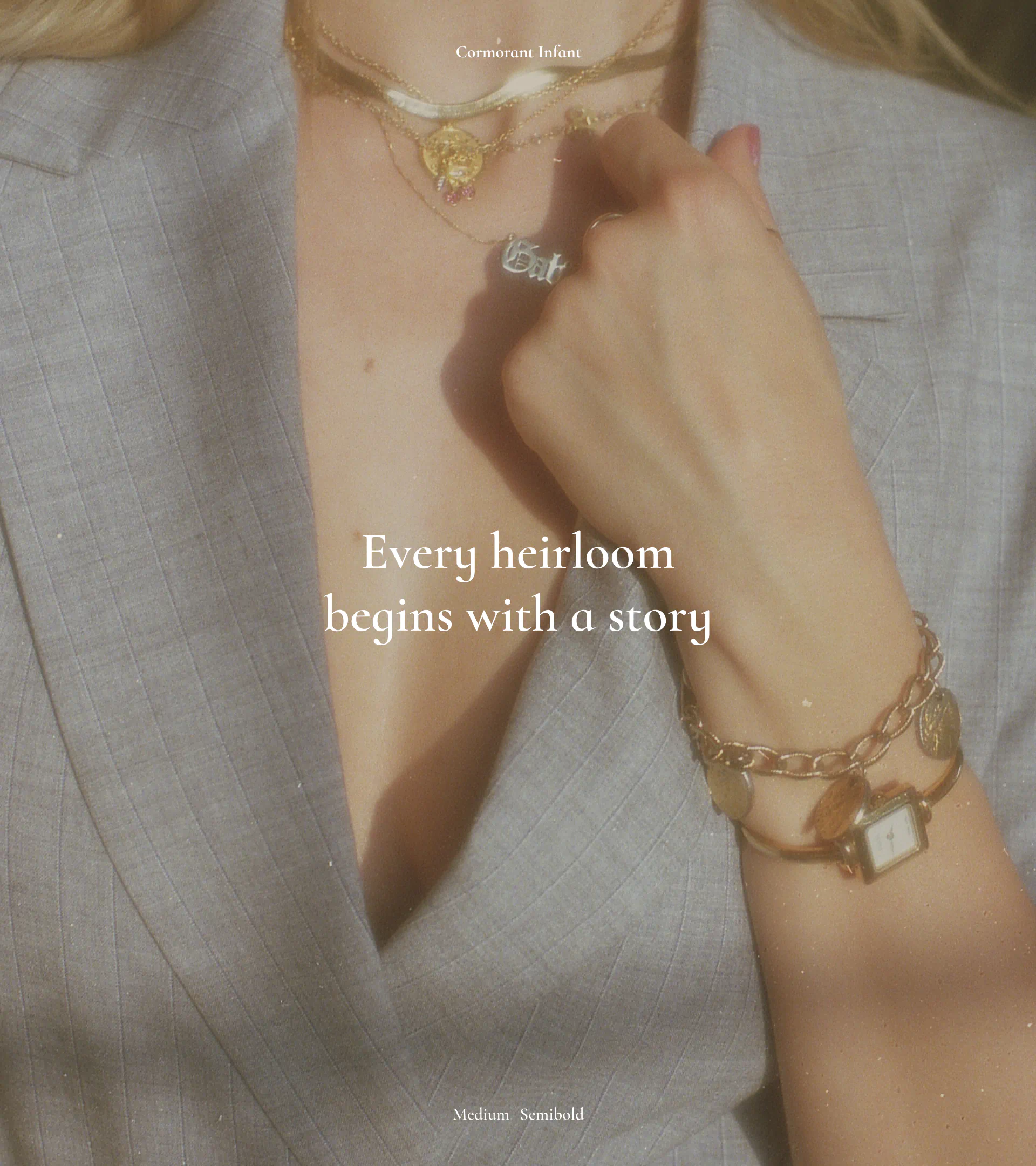 Brand guidelines typography example showing Cormorant Infant in use, overlaid on a jewellery lifestyle photo with the phrase “Every heirloom begins with a story.”