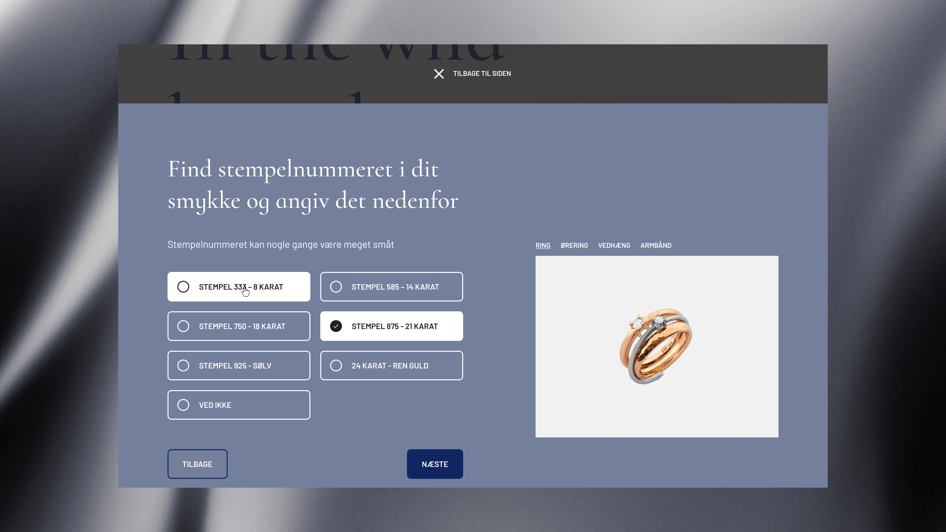 Modal popup guiding customers through entering the stamp number of their jewellery, offering options for gold karat and silver quality, with a product preview.