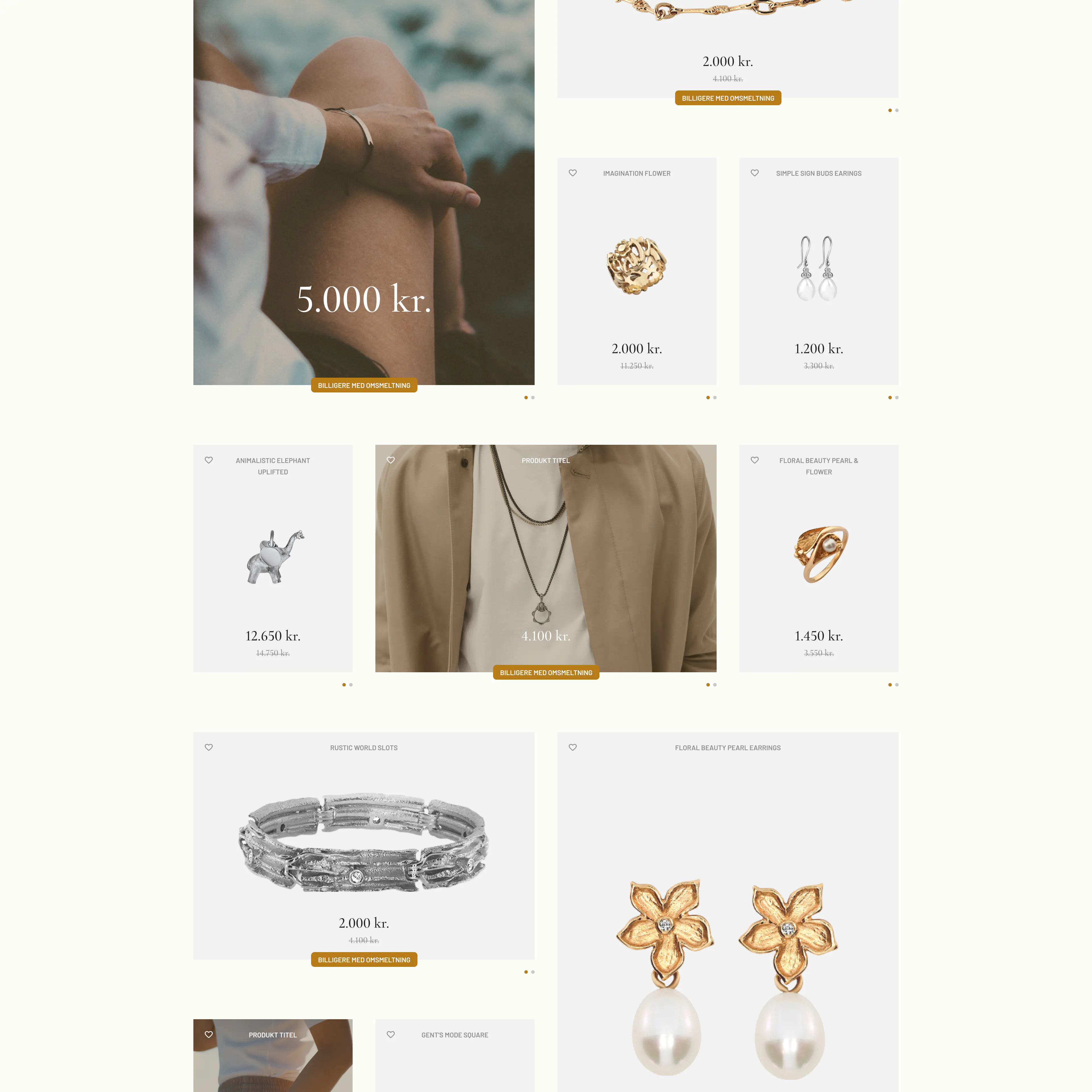 Tablet product browsing grid for Mælt, featuring rings, earrings, and necklaces with detailed product cards and pricing information.