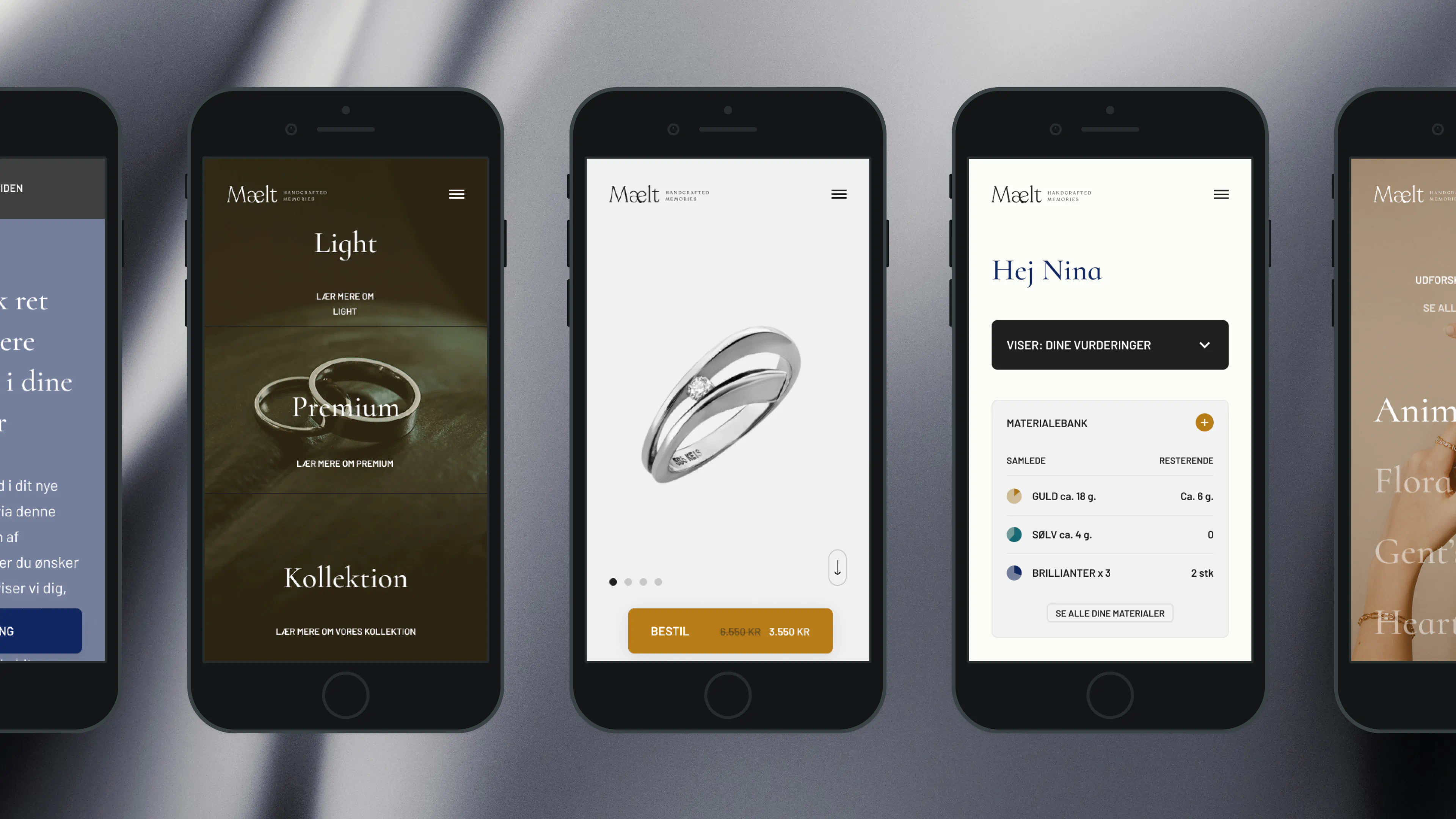 Three iPhone mockups presenting the Mælt mobile interface, highlighting jewellery collections, a product page for a diamond ring, and a personalised material bank overview.
