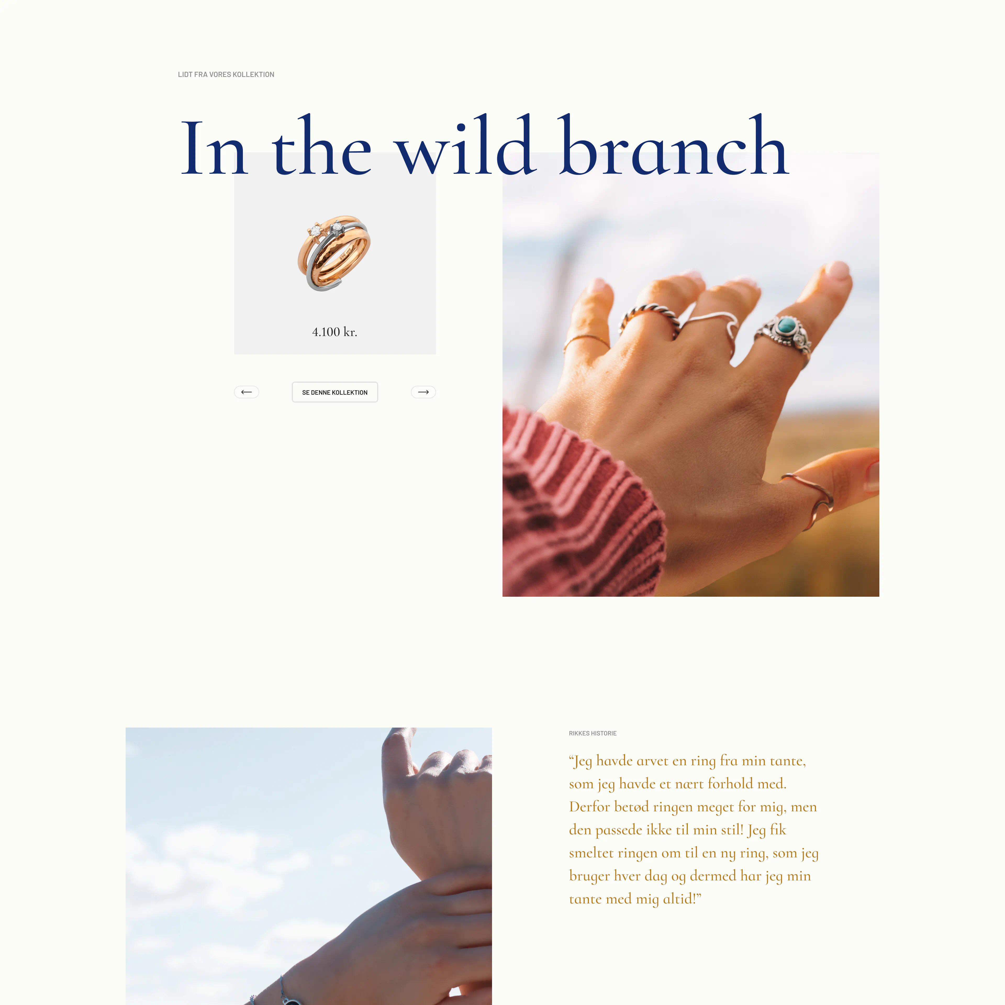Interactive carousel of Mælt collections, highlighting different jewellery categories with large photography and sticky scroll navigation.