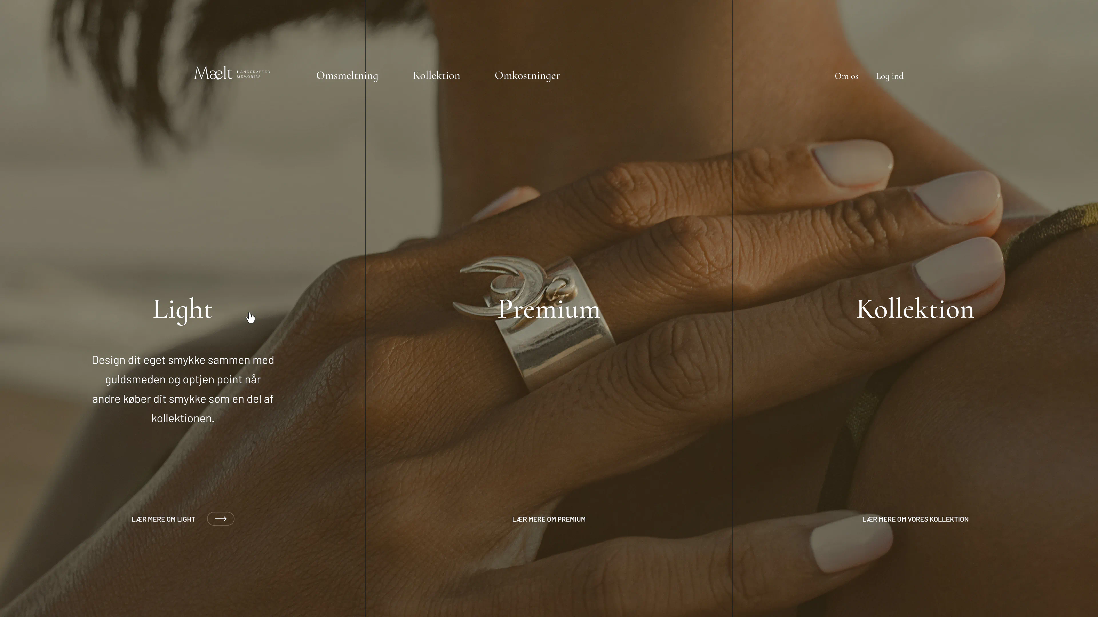Large interactive visual highlighting Mælt jewellery with close-up photography and overlay text for exploring different collections.