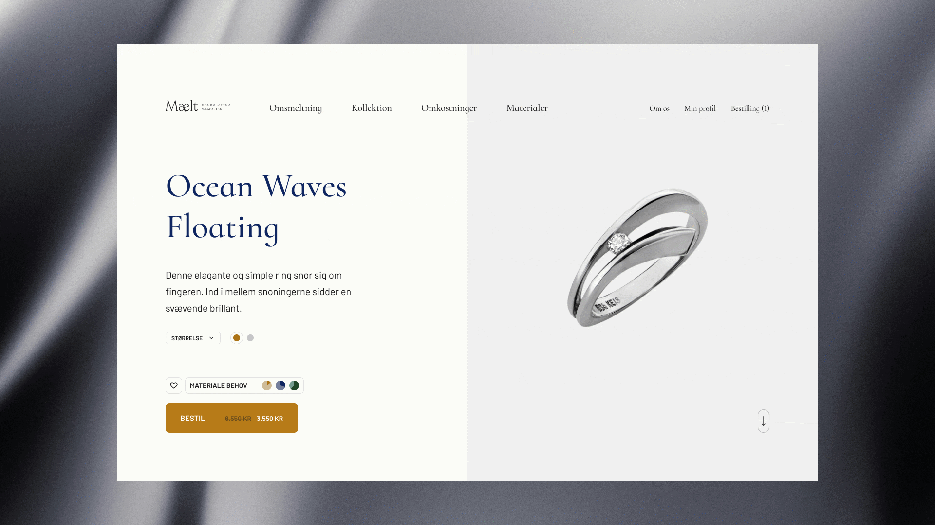 Jewellery product page featuring a diamond ring with animated scrolling interactions, highlighting product details, pricing, and ordering in a clean interface.