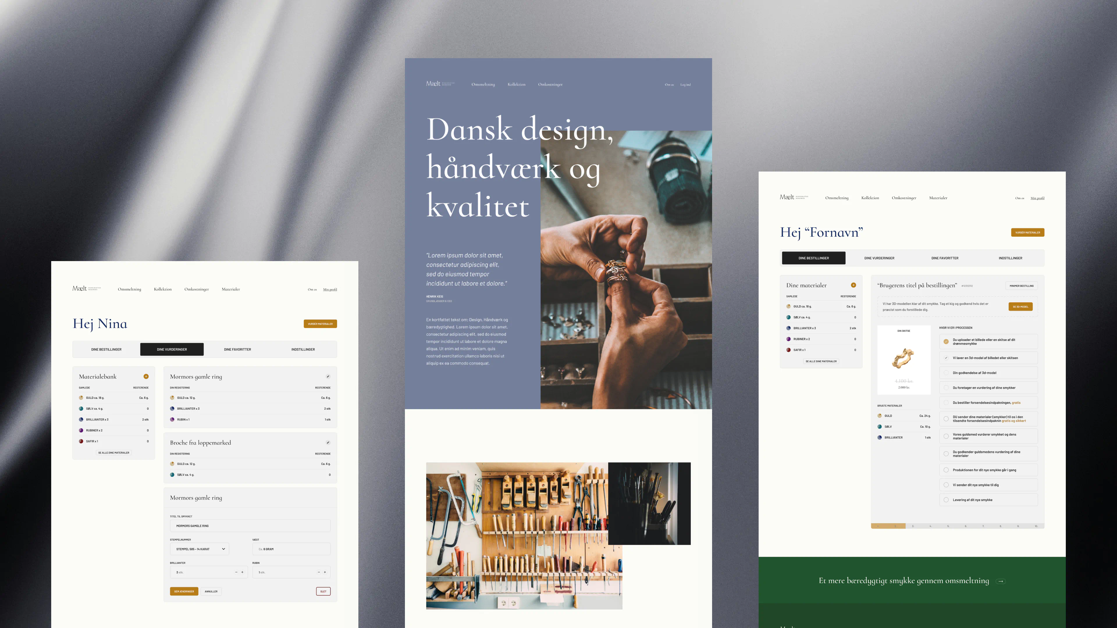 Collection of three Mælt visuals highlighting design principles, including material tracking, workshop craftsmanship, and detailed customer order management.