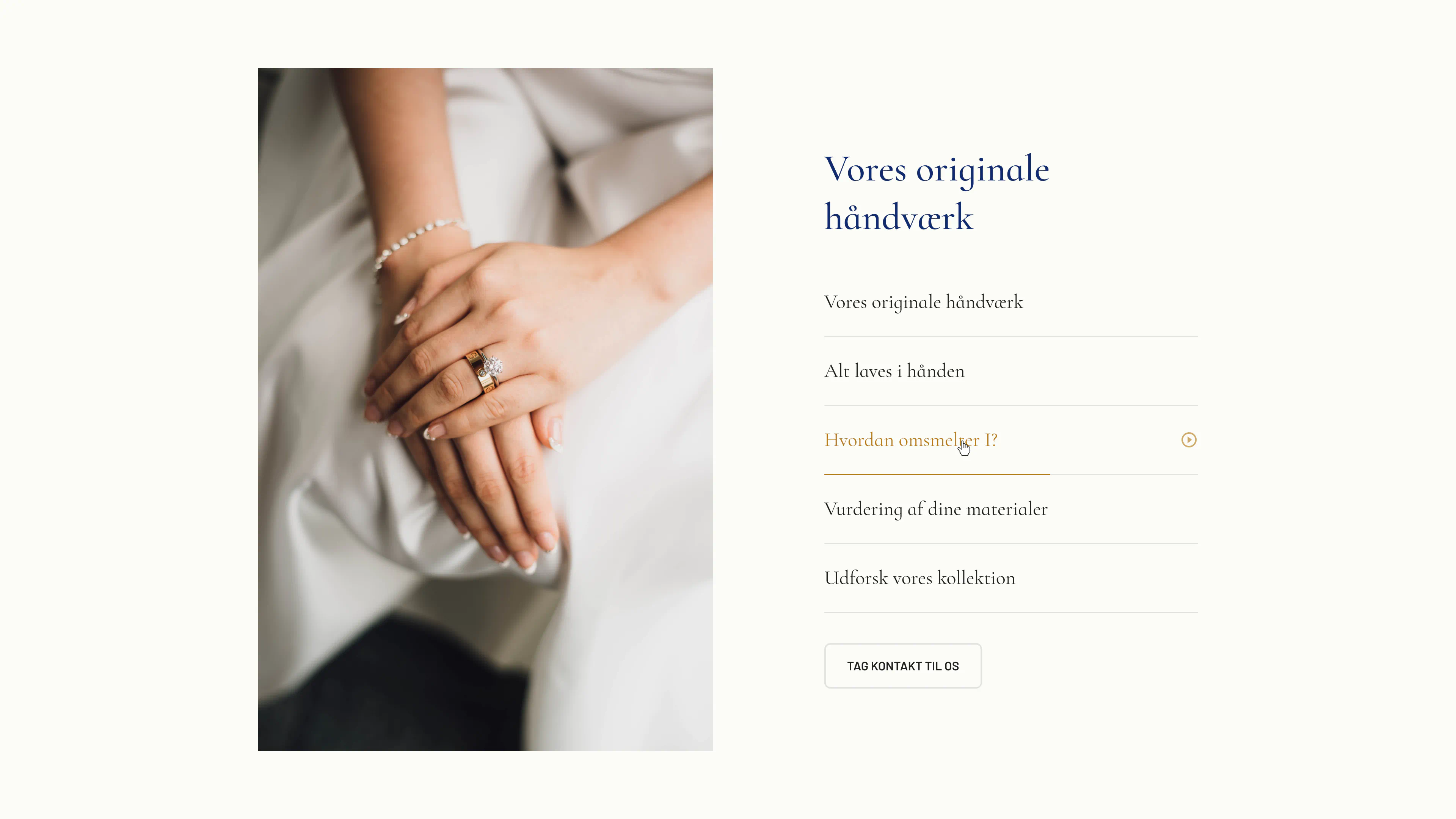 Interactive section showcasing Mælt’s original craftsmanship, featuring a photograph of hands wearing rings alongside accordion-style navigation that highlights handmade jewellery details.