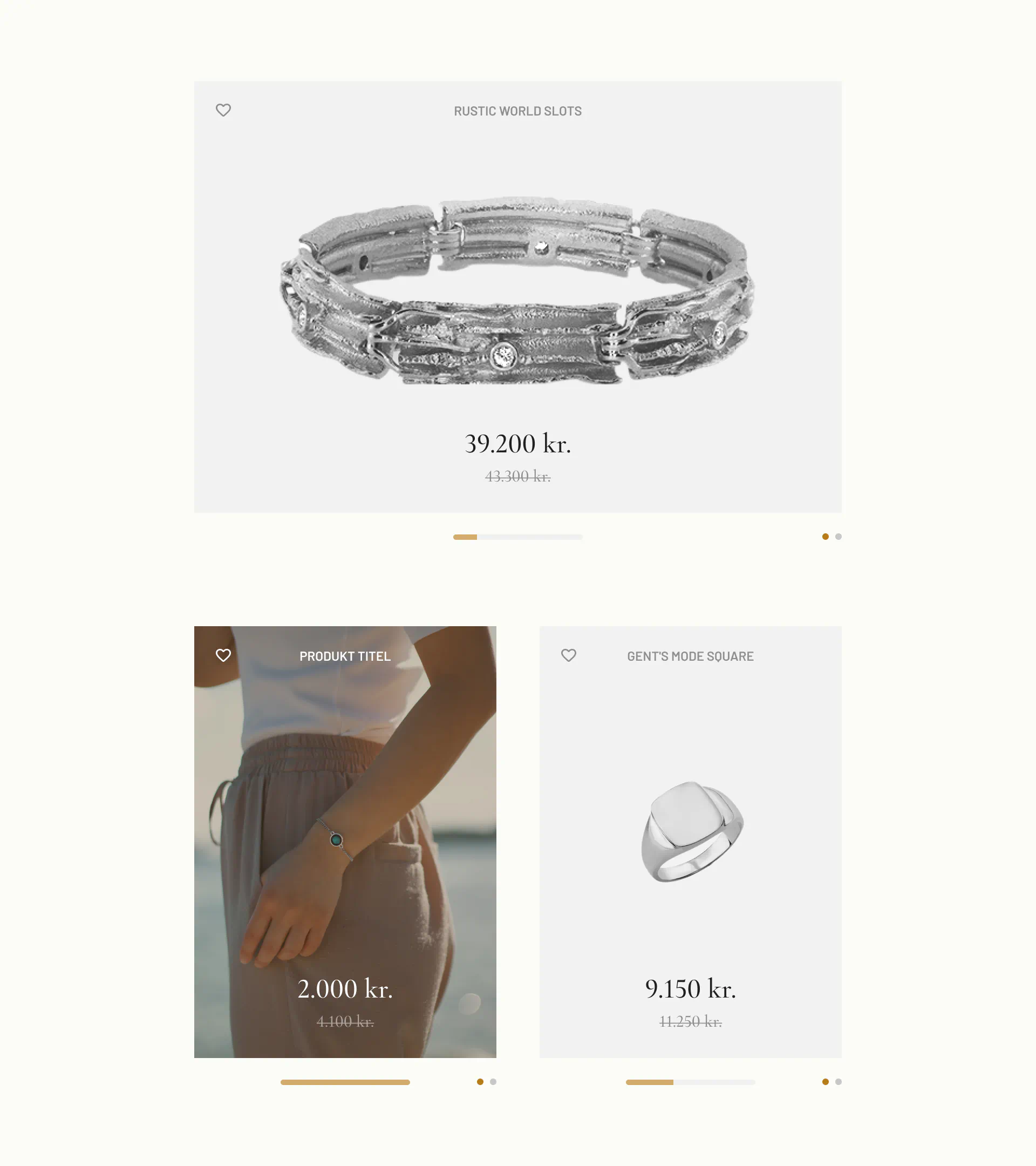 Tablet product cards for Mælt jewellery, featuring detailed visuals of a bracelet, a signet ring, and lifestyle photography with pricing and discounts.
