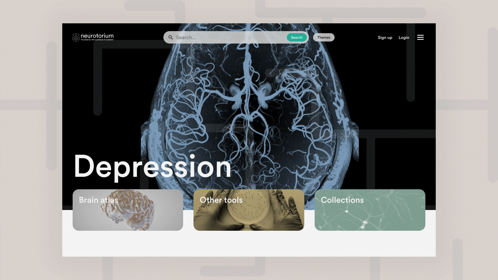 Category-based navigation animation in Neurotorium, structuring research topics like depression and Parkinson’s disease.