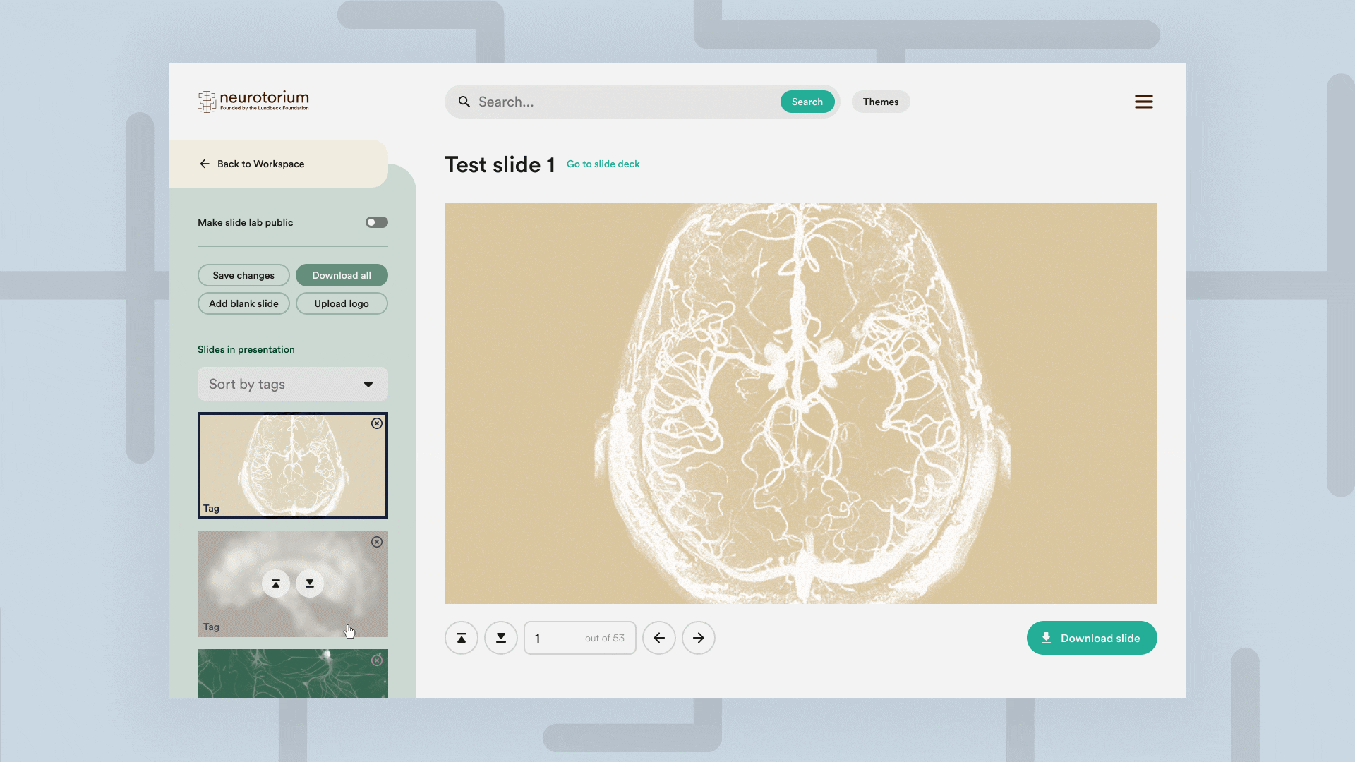 Slide Lab tool in Neurotorium, showing interface for building and exporting scientific presentations with branded design.