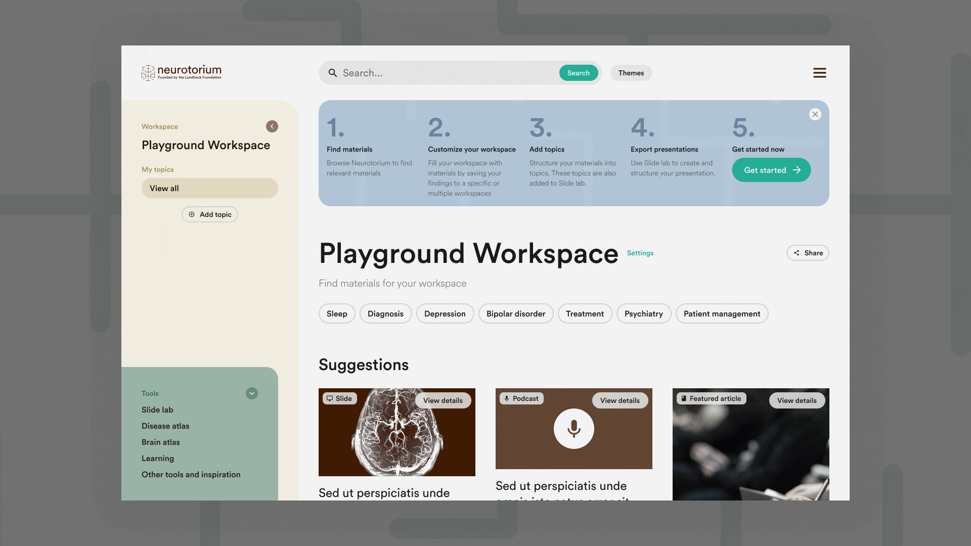 Workspace UI design for Neurotorium, enabling users to organise saved topics and customise research collections.