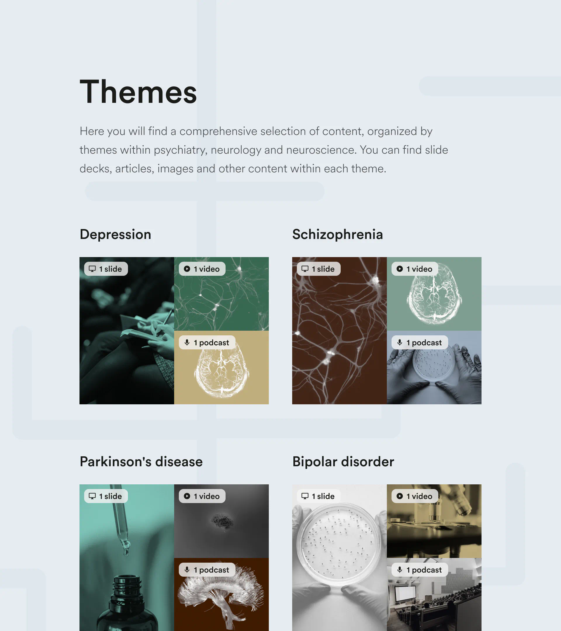 Thematic content grid design for Neurotorium, organising resources by mental health topics with consistent UI and typography.