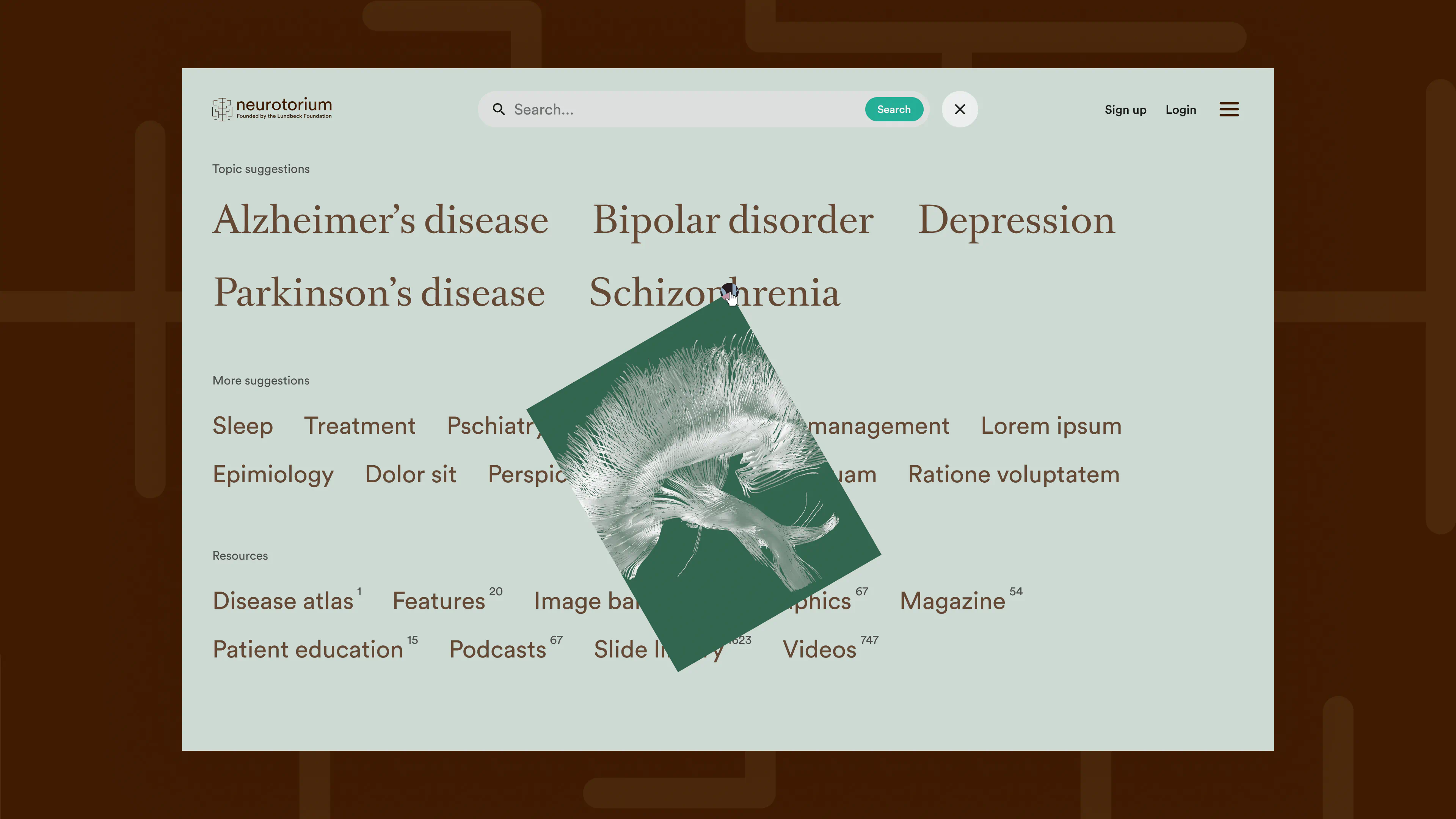 Interactive navigation UI for Neurotorium, displaying categories like Alzheimer’s, Parkinson’s, and schizophrenia in a clean design system.