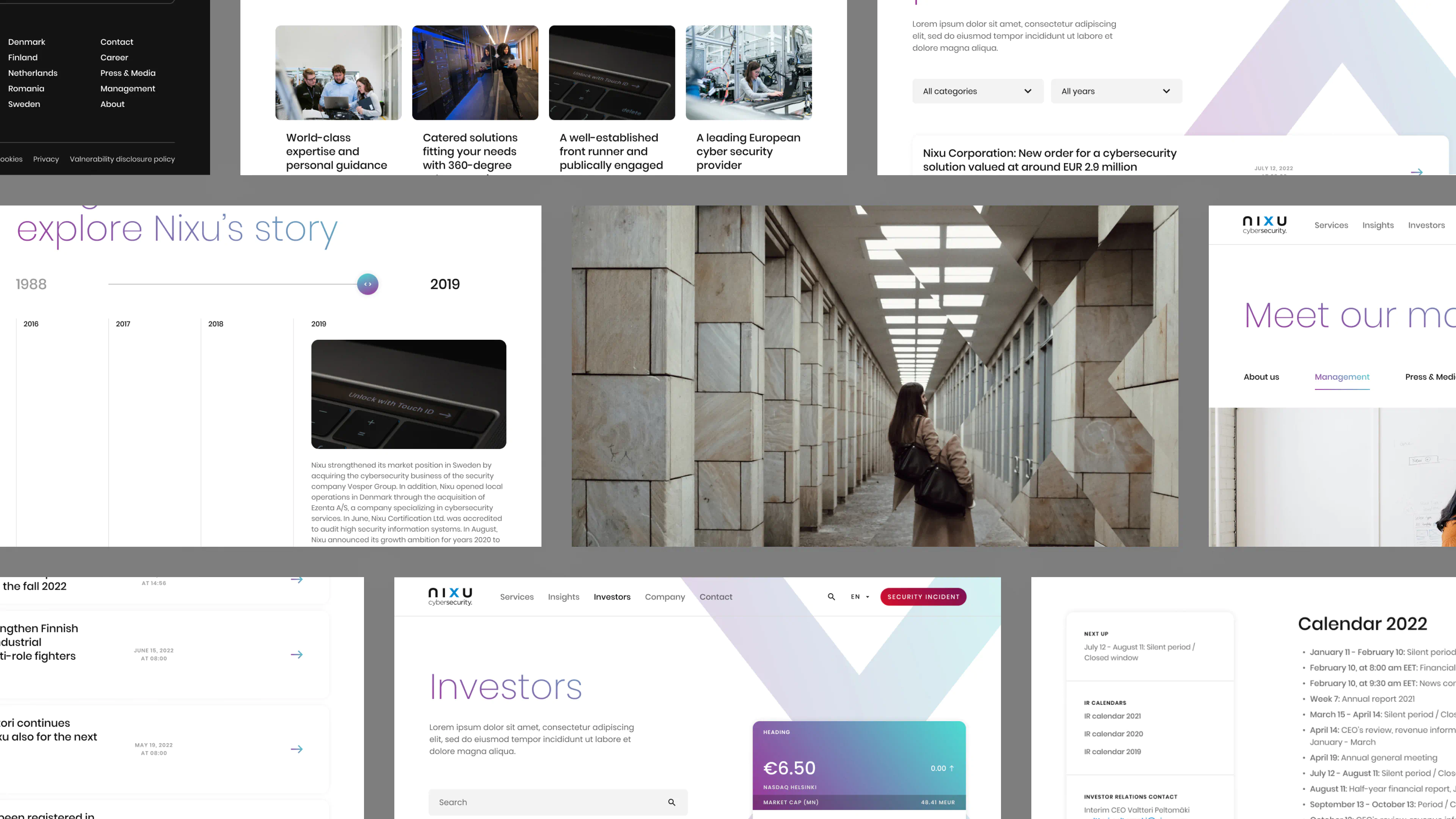 UI design system grid for Nixu with interactive timeline, investor components, currency widgets and visual identity branding elements.