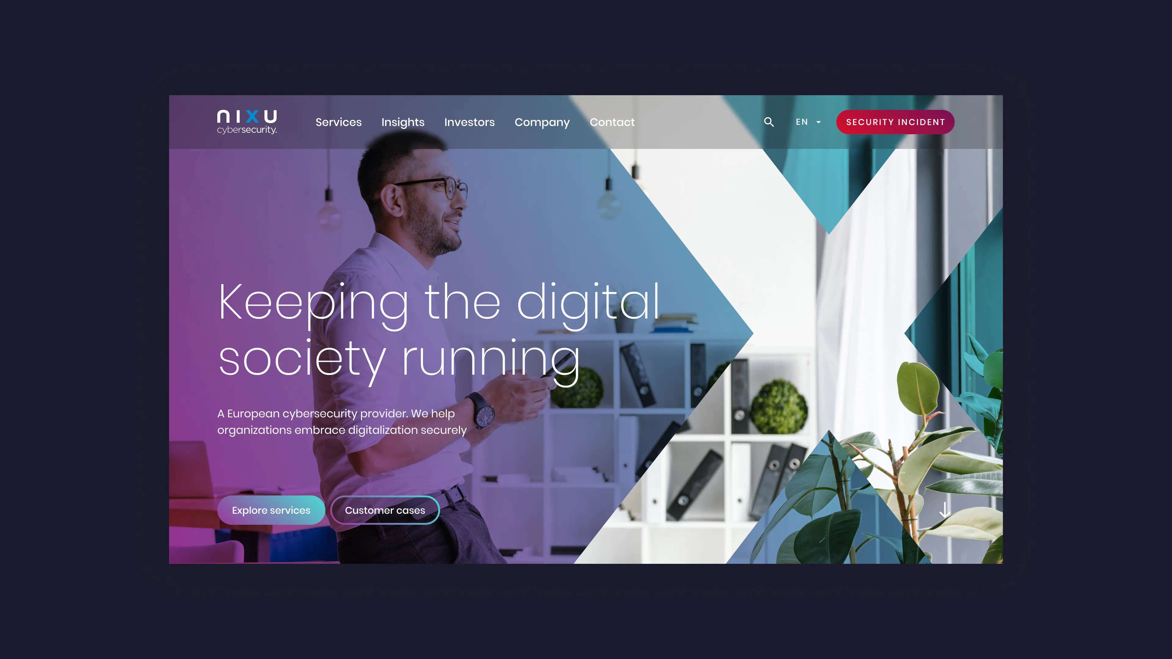 Nixu homepage hero section with man in office, overlay graphics in X-shape, tagline “Keeping the digital society running” and interactive buttons.