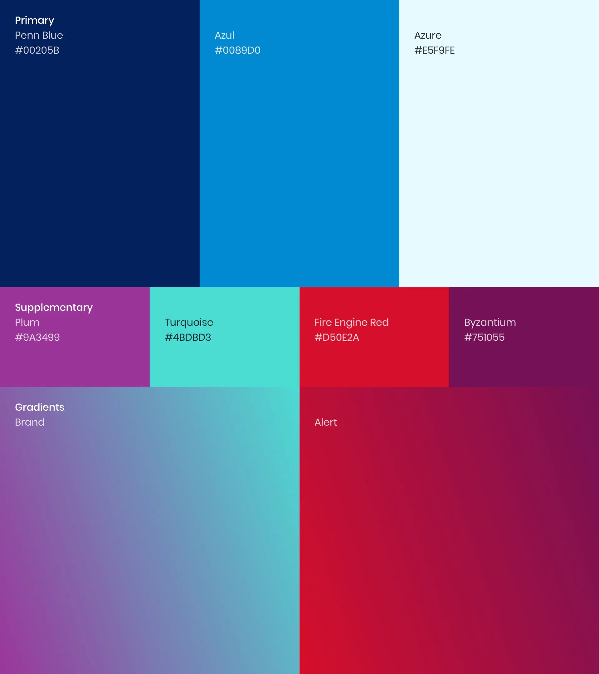 Nixu brand identity color palette featuring primary blue tones, supplementary accent colors, and gradient styles for digital and print consistency.