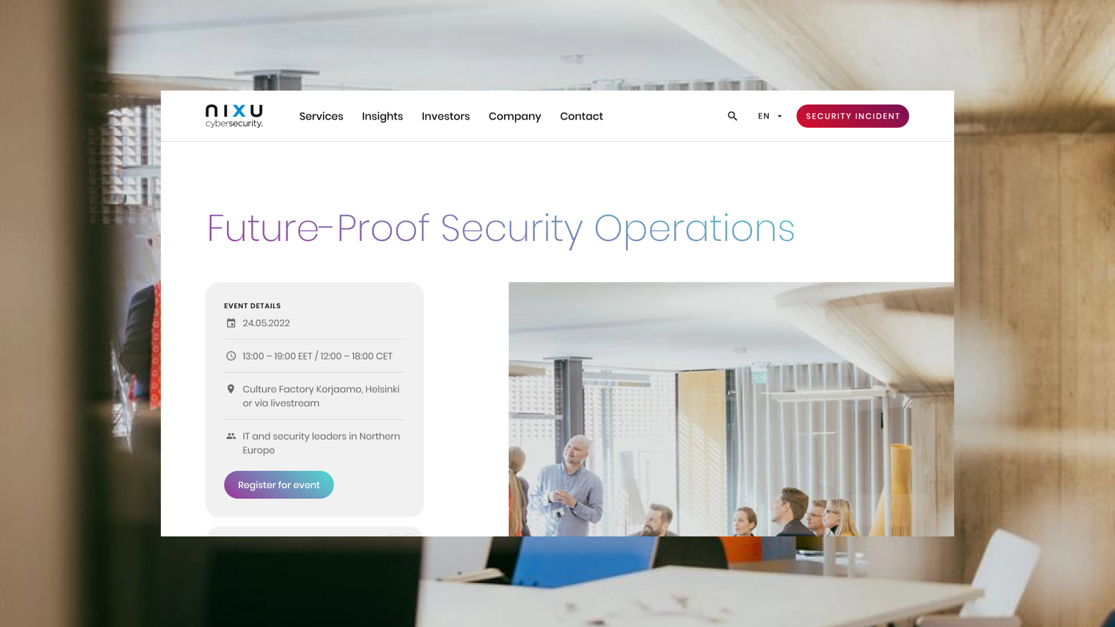 Event page design for Nixu “Future-Proof Security Operations,” featuring registration details, speakers, and modern UI layout with photo background.