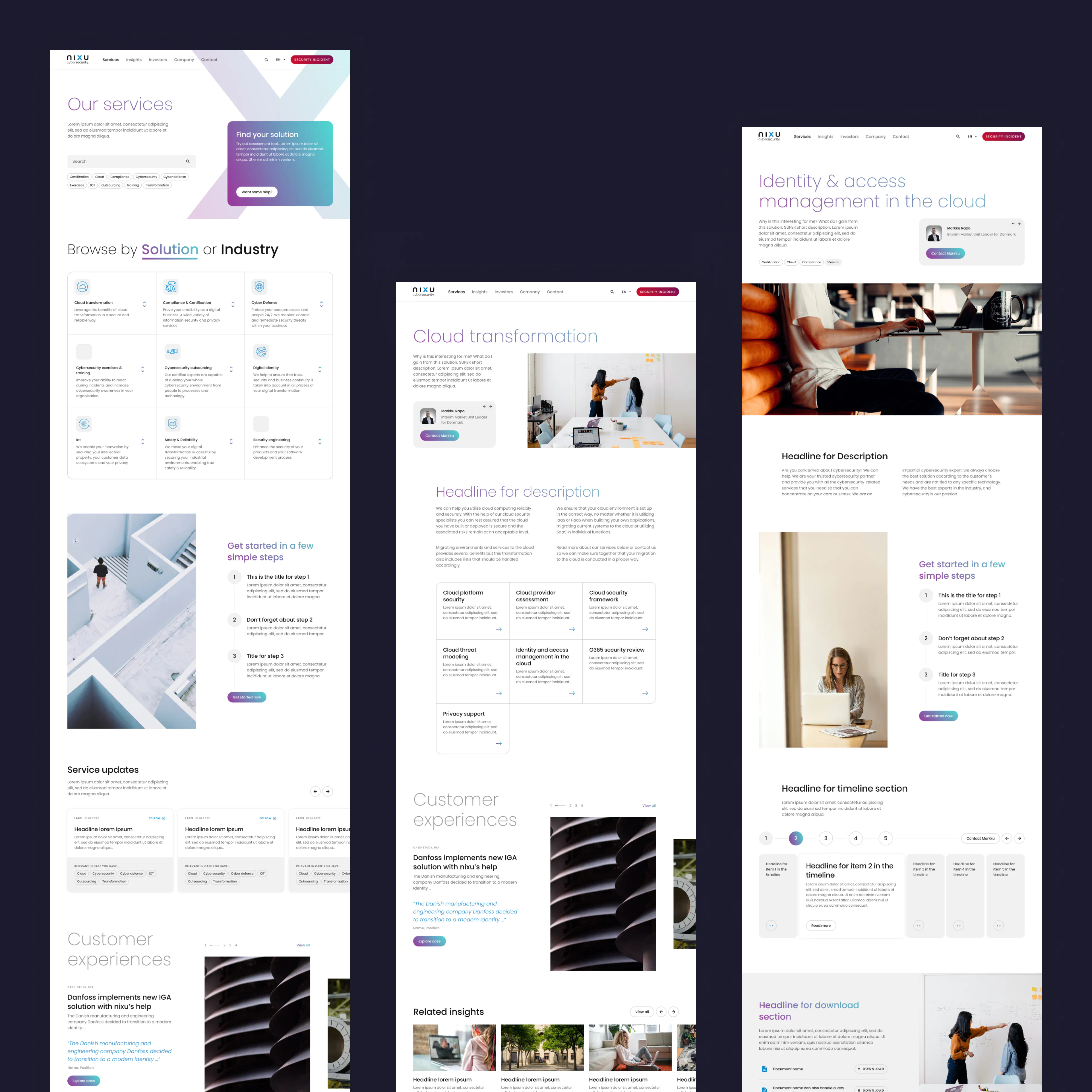 Services page templates for Nixu cybersecurity, showcasing cloud transformation, identity management, and customer experience case study layouts.
