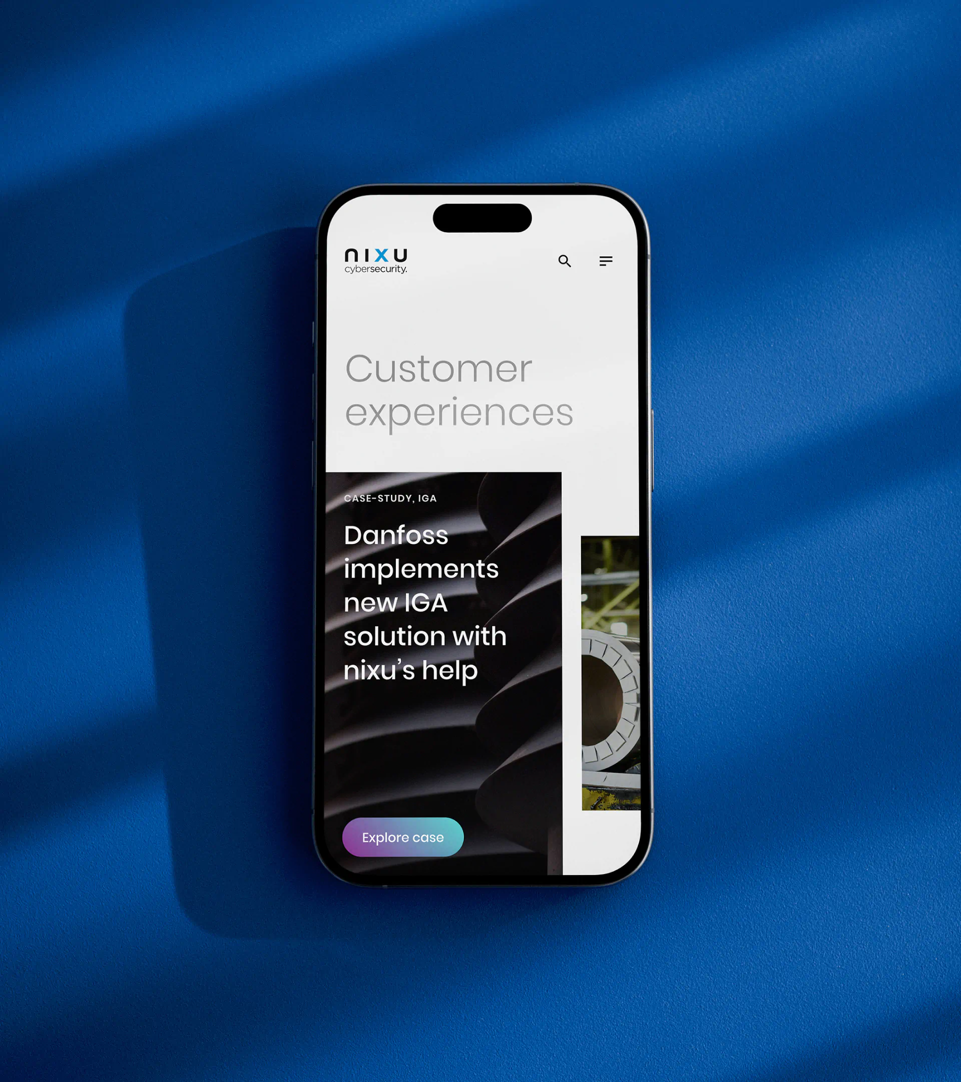 Mobile mockup carousel showing Nixu case study UI on iPhone, with “Customer experiences” headline and interactive digital security design.