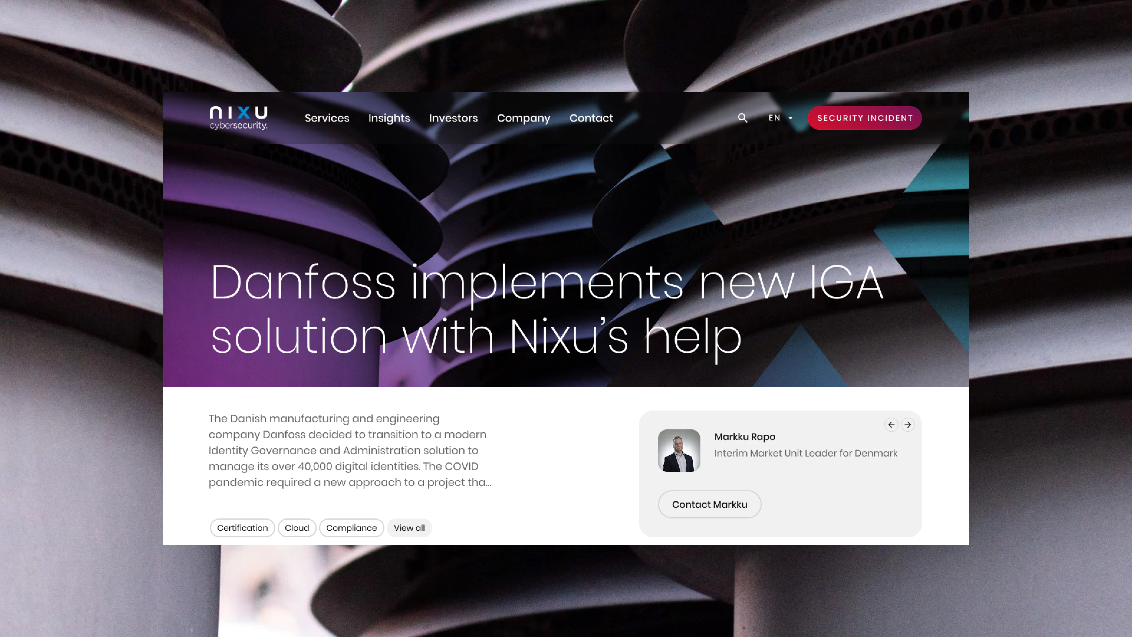 Case study page template for Nixu with brand identity X element, featuring client project overview, certification tags, and modular UI structure.
