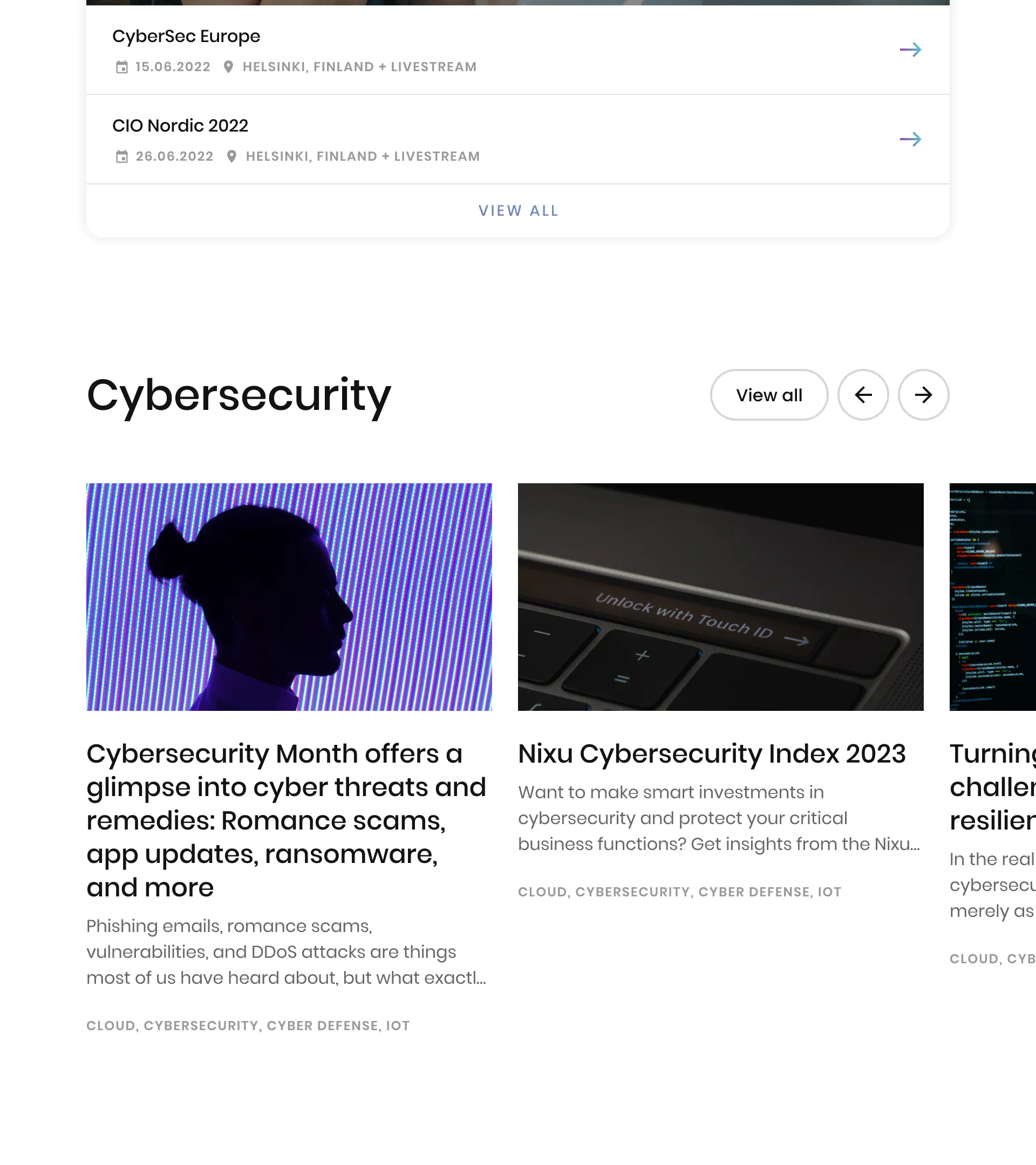 Nixu event and article carousel design showcasing cybersecurity topics, conferences, and insights with modular card-based UI components.