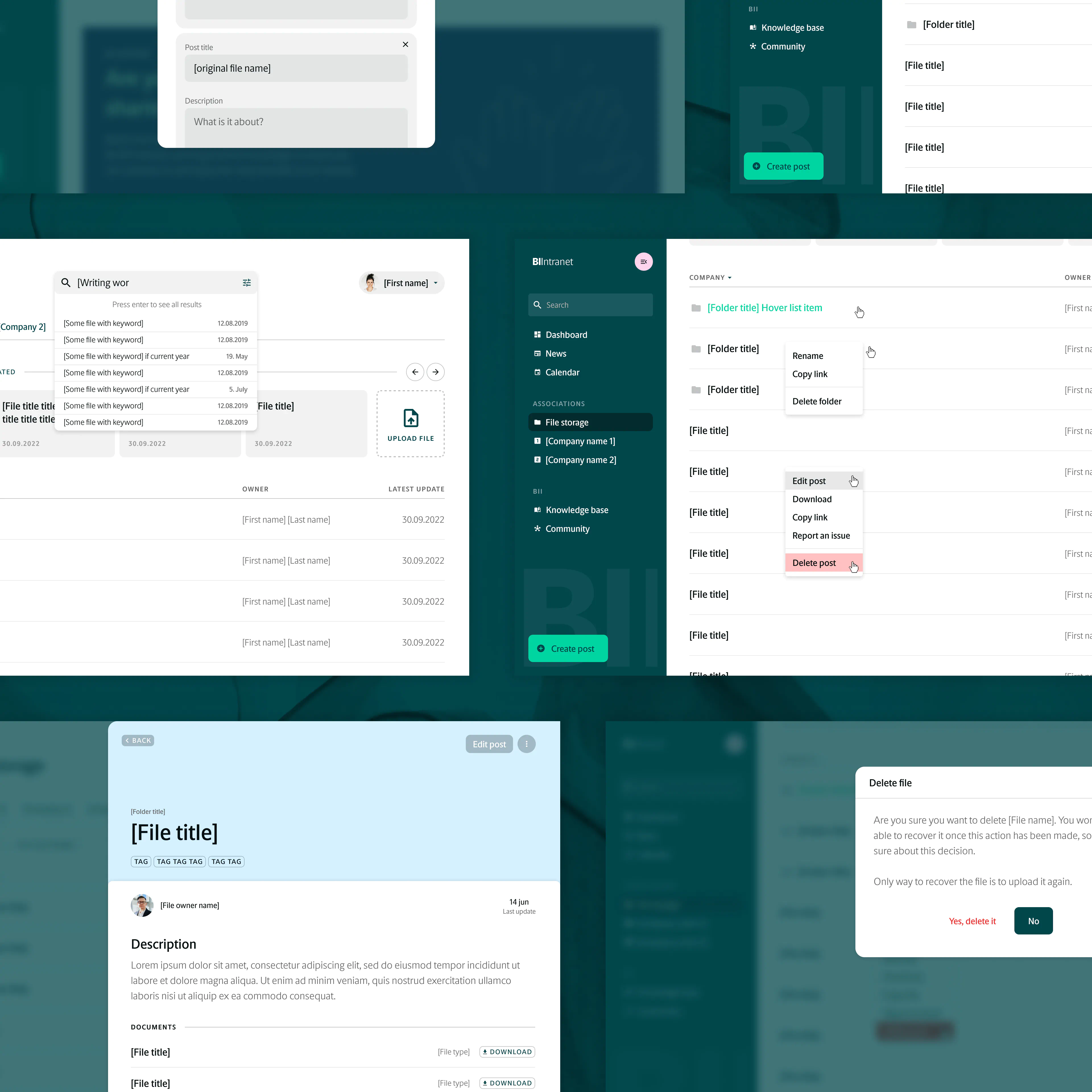 BioInnovation Institute Community intranet grid-based UI design system with structured components for navigation, file sharing, and collaboration.