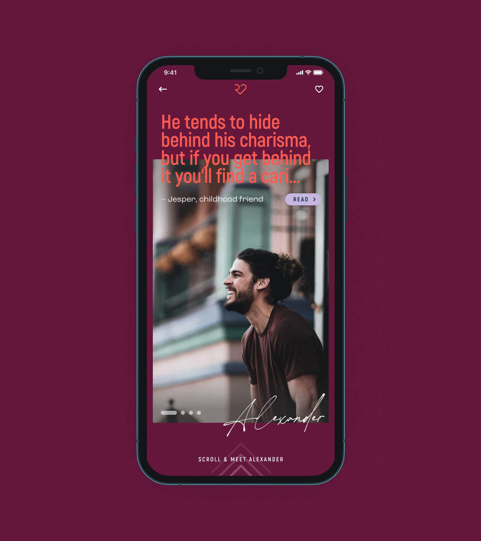Animated iPhone mockup showing Recommendating app user profile with scrolling interactions, personal details, and recommendation highlights.