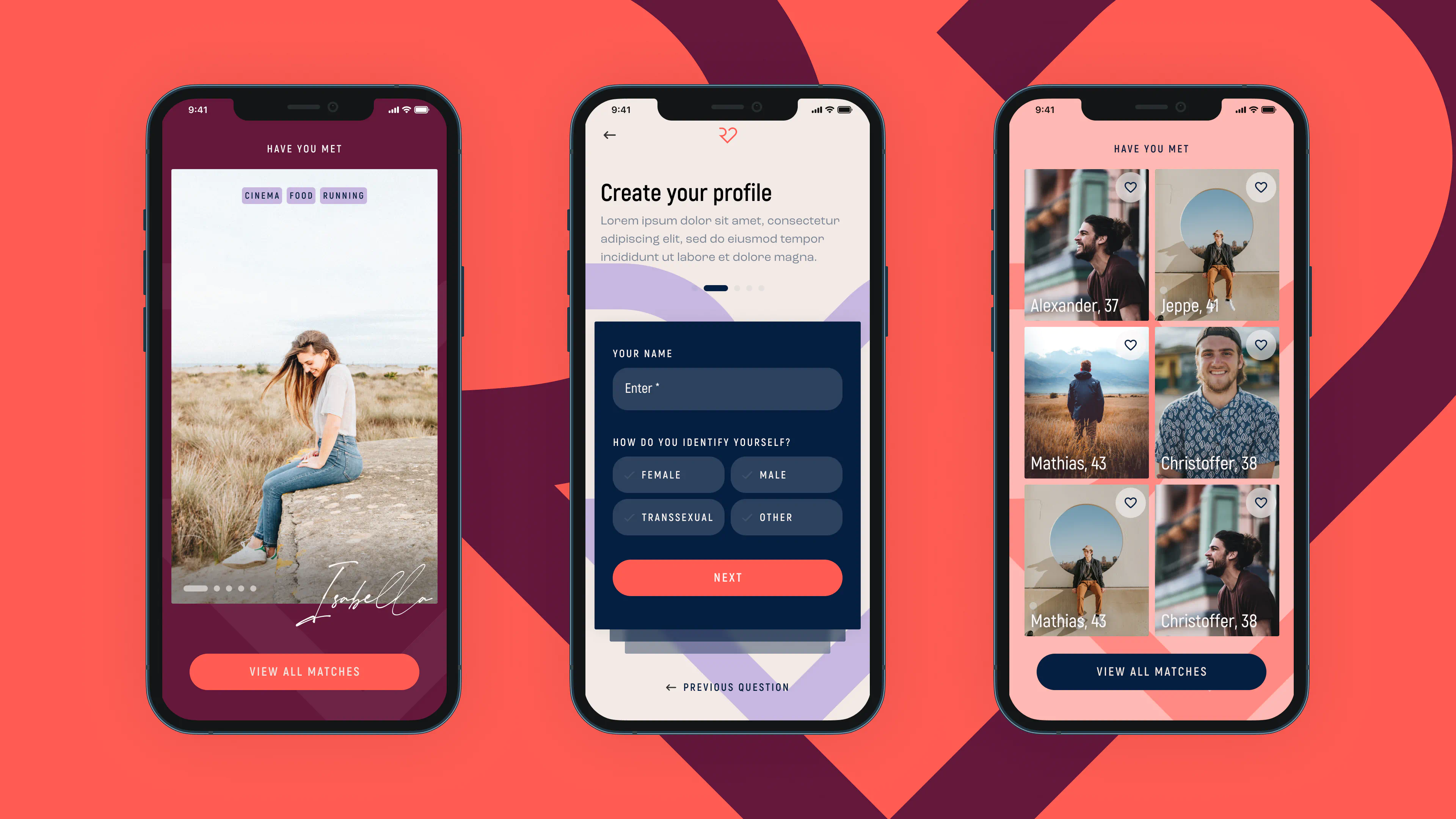 Three iPhone mockups of Recommendating app showing profile creation form, profile browsing grid, and “Have you met” feature.