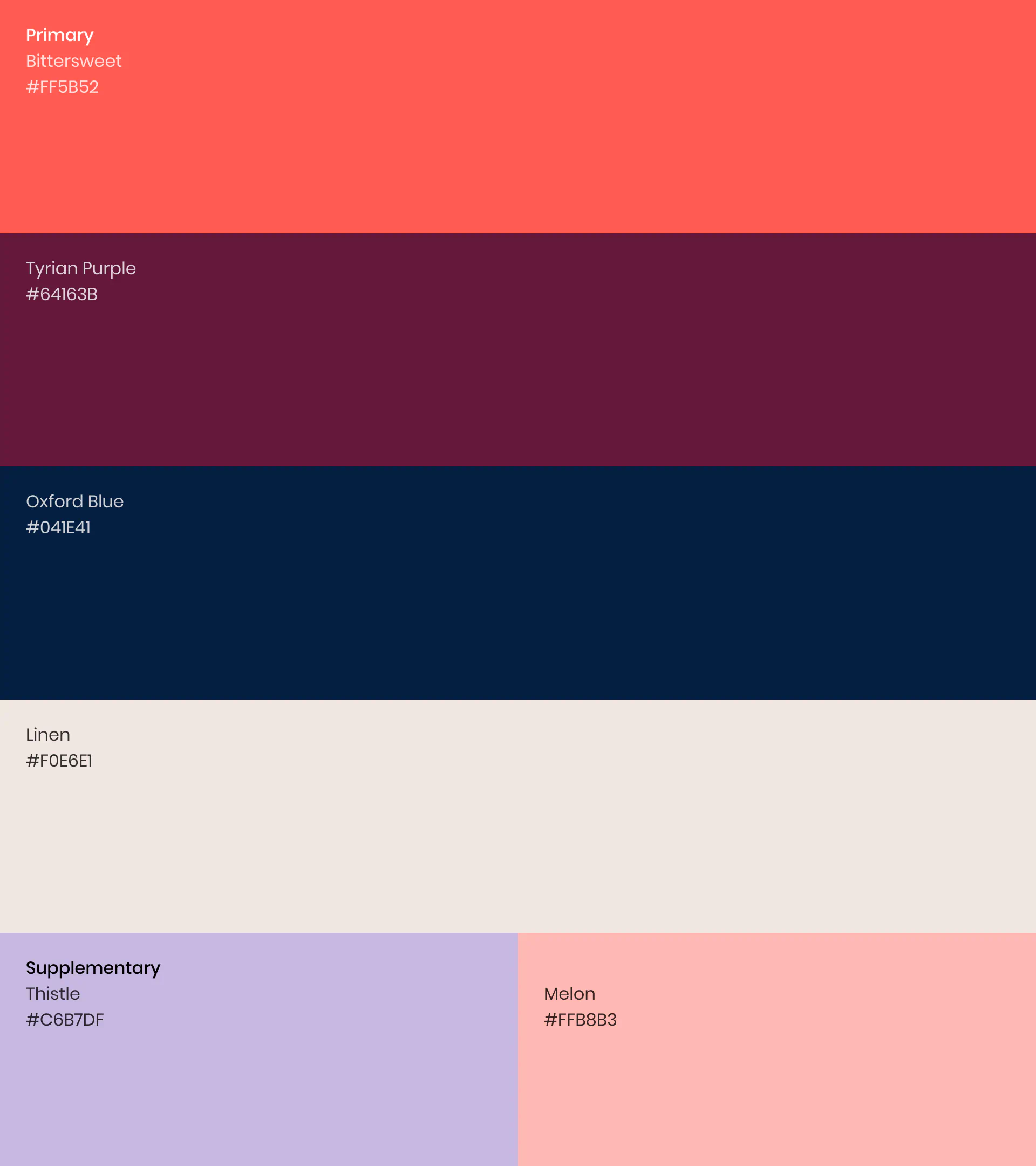 Recommendating brand colour palette with primary bittersweet, tyrian purple, oxford blue, linen, and supplementary thistle and melon swatches.