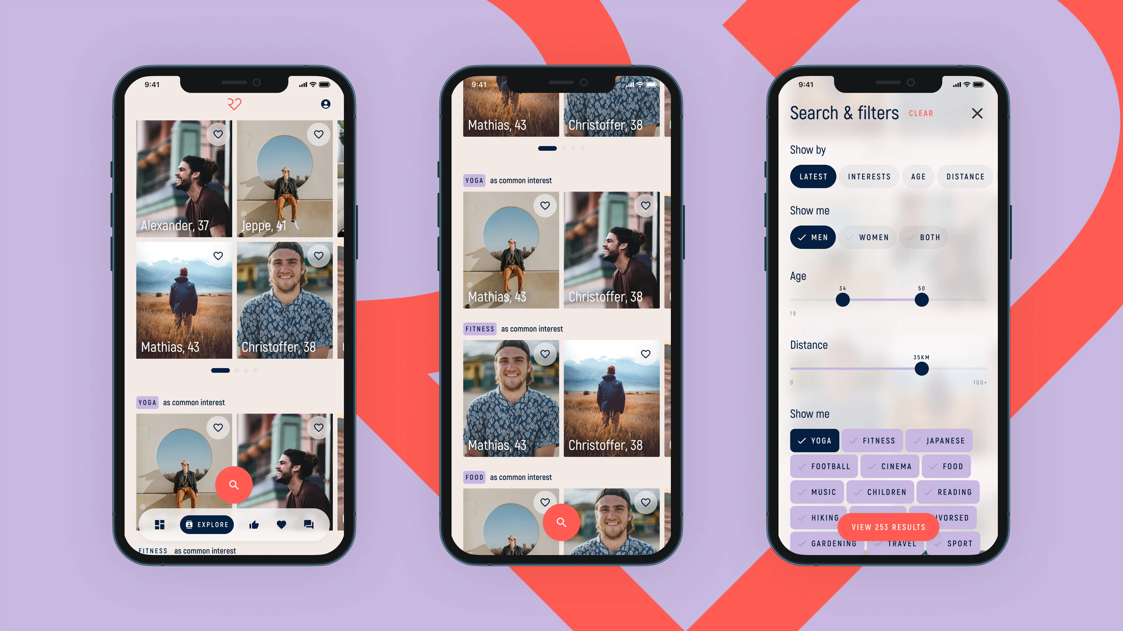Three iPhone screens showing profile browsing, interest filters, and profile creation in the Recommendating app with clean UI and bright backgrounds.