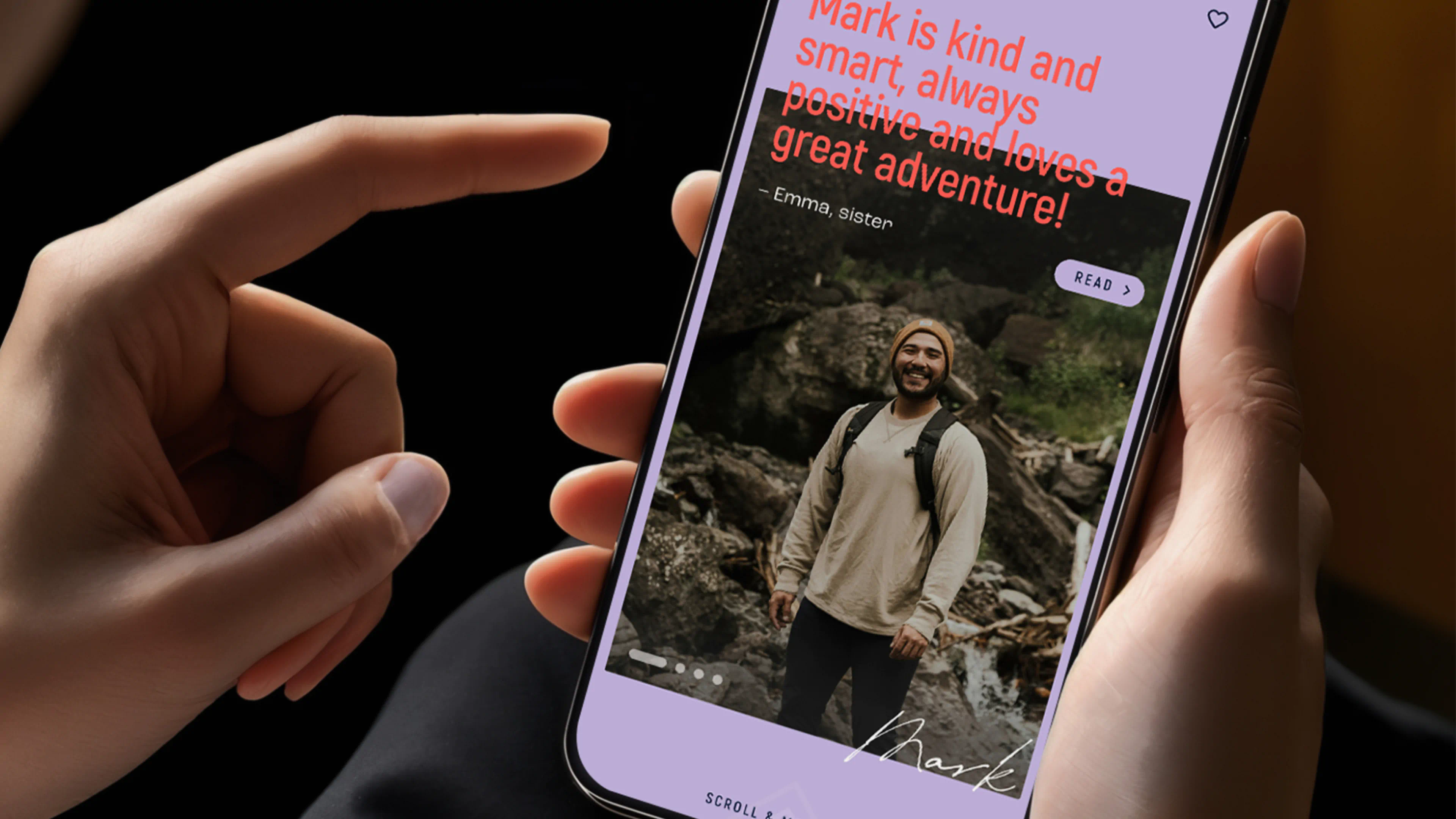 Woman holding smartphone browsing Recommendating app profile with user details and recommendation quote, showing app in use.