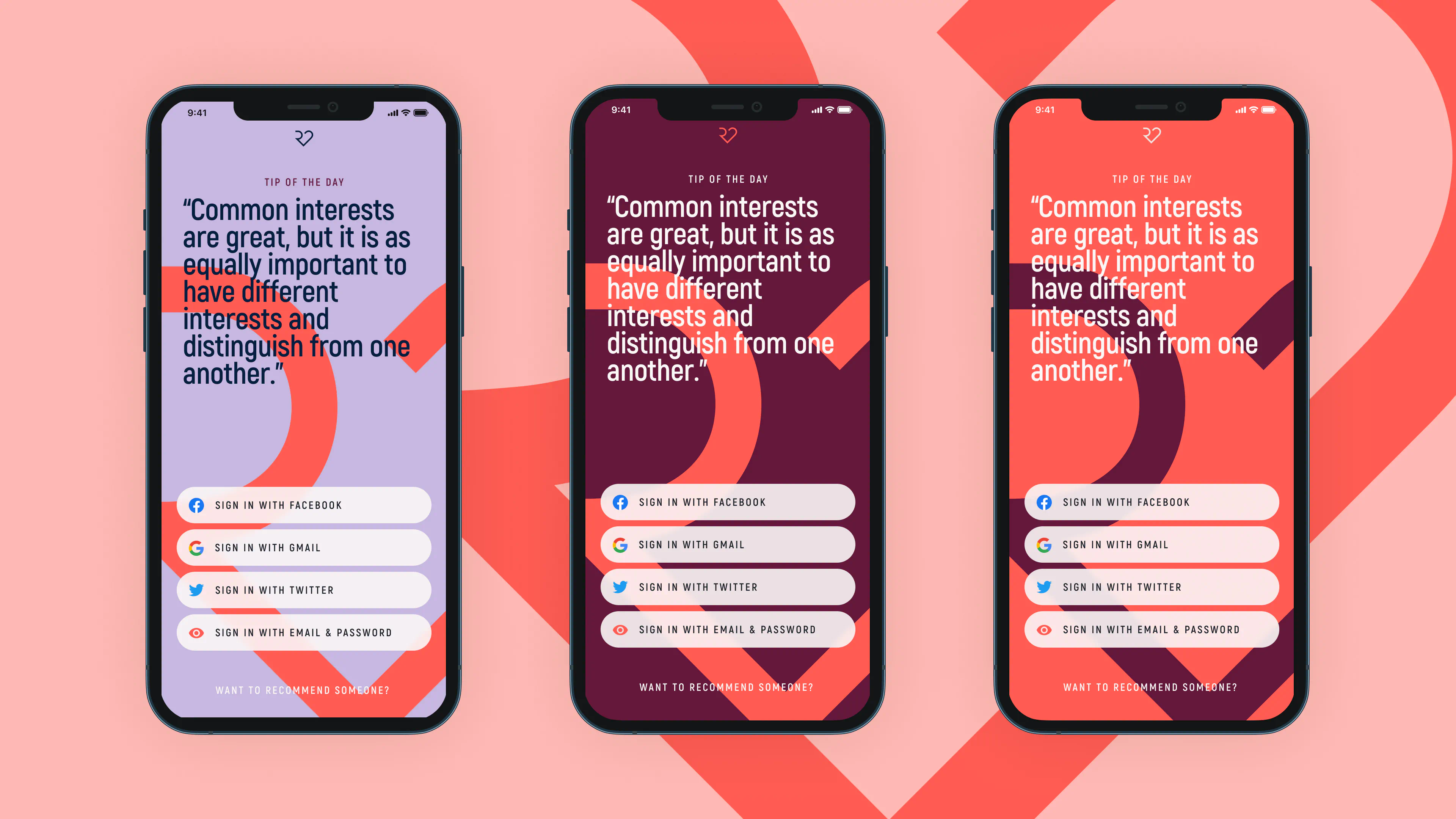 Three iPhone mockups of the Recommendating app login screen with bold quotes, bright backgrounds, and social sign-in options for Facebook, Gmail, and Twitter.