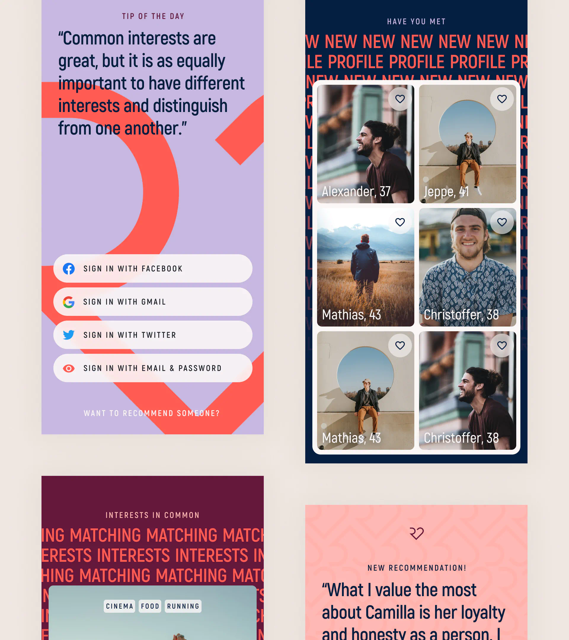 Four mobile visuals of the Recommendating app featuring sign-in, profile discovery, interests in common, and user recommendations.