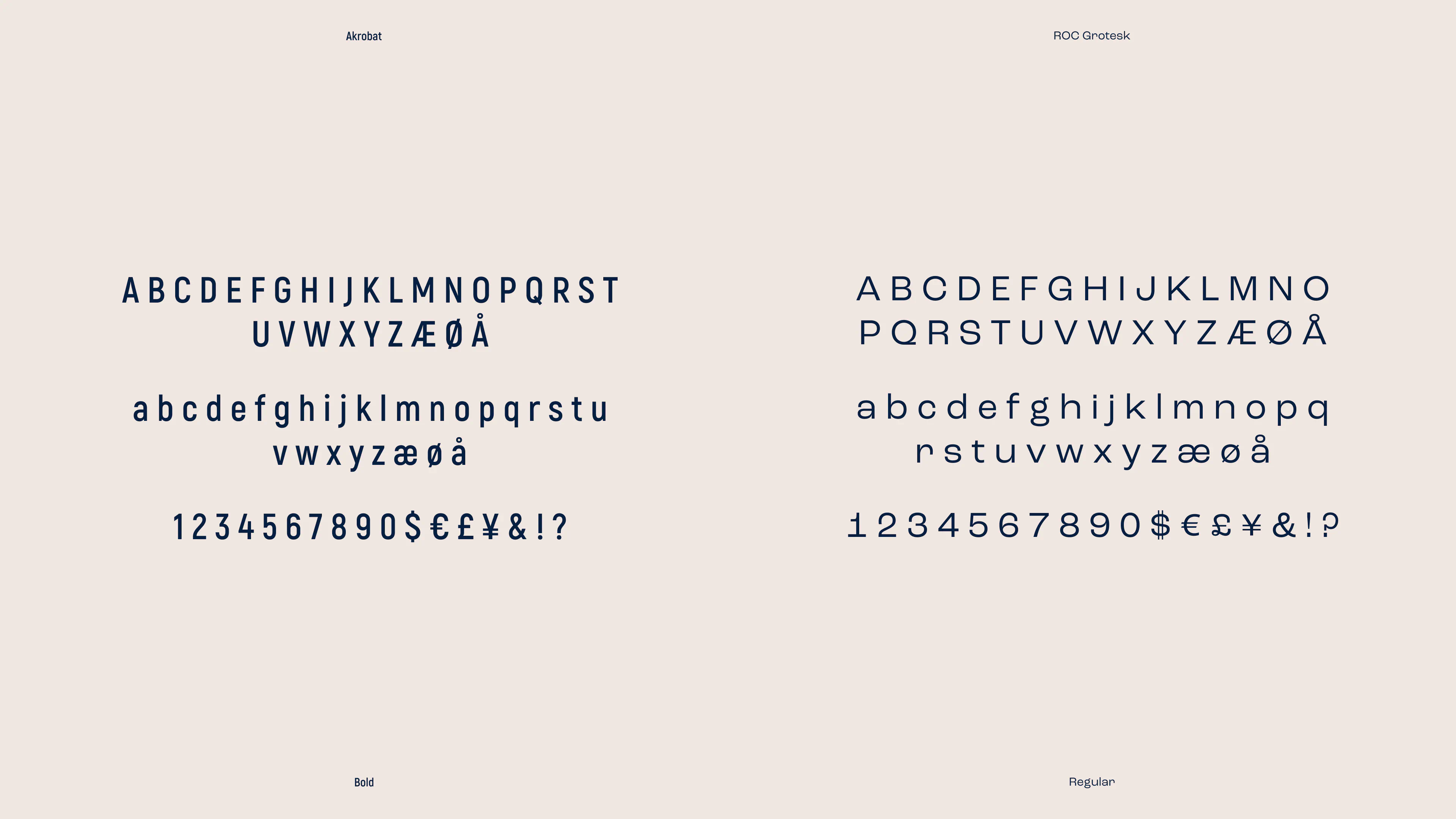 Typography guidelines featuring Akrobat bold and ROC Grotesk regular alphabets, numbers, and symbols for Recommendating brand identity.