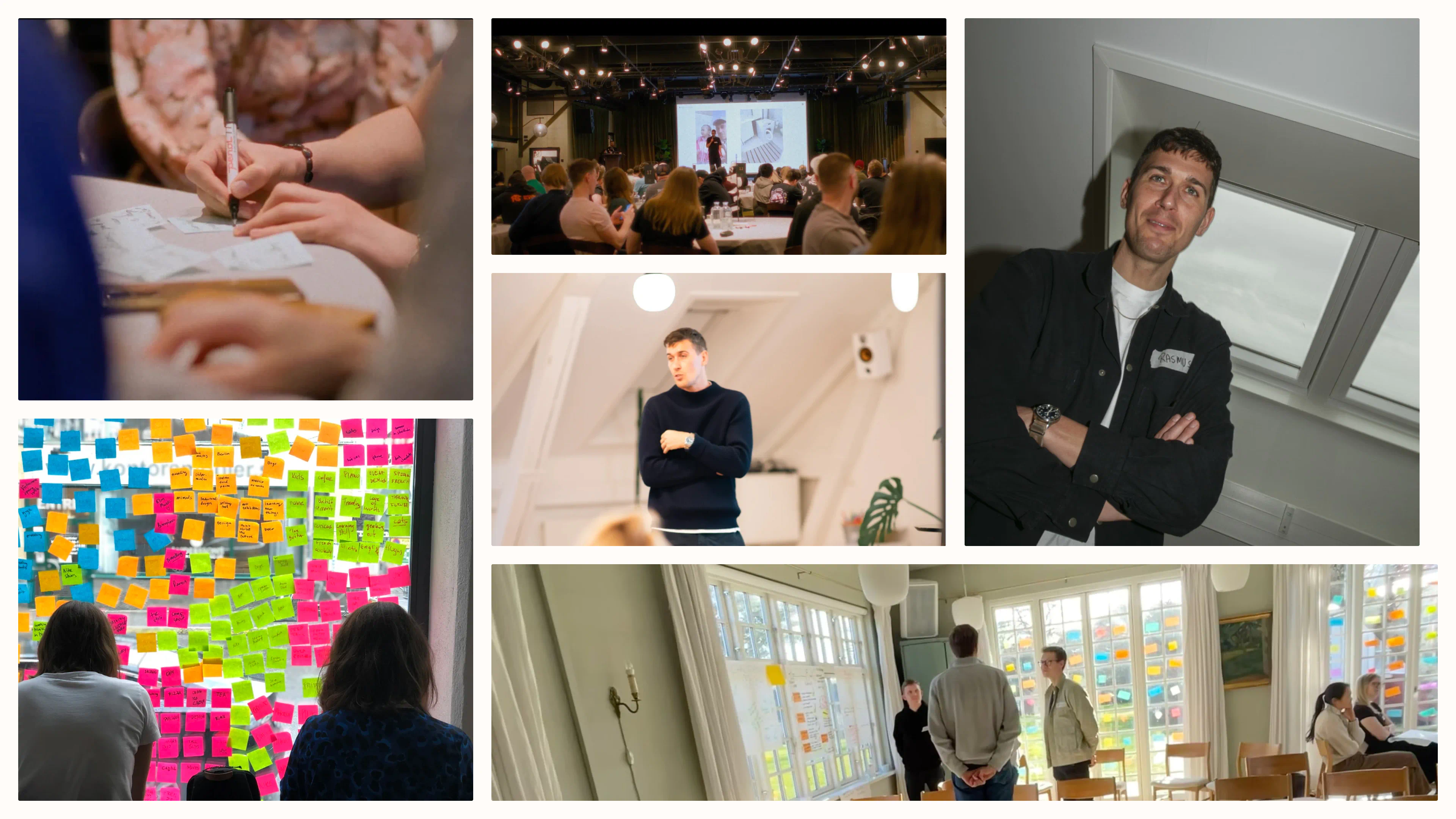Rasmus Noah Hansen visual grid from the website. Photos of him in real-life situations; presenting, lecturing, faciliating, and more.
