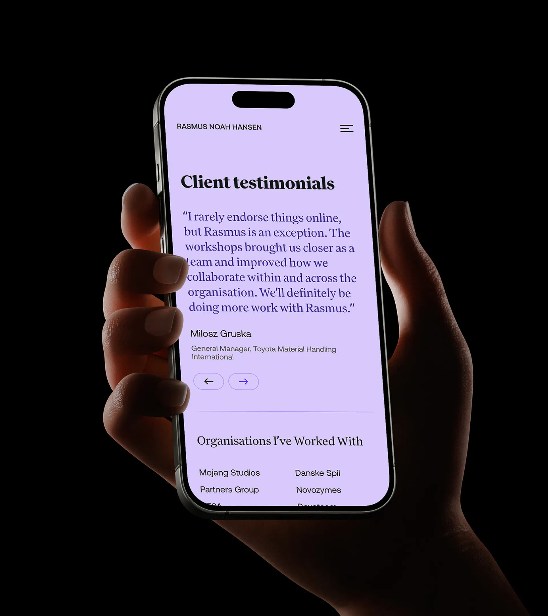 Mobile testimonial page mockup showing client praise for Rasmus Noah Hansen’s facilitation, with logos of organisations he has collaborated with.
