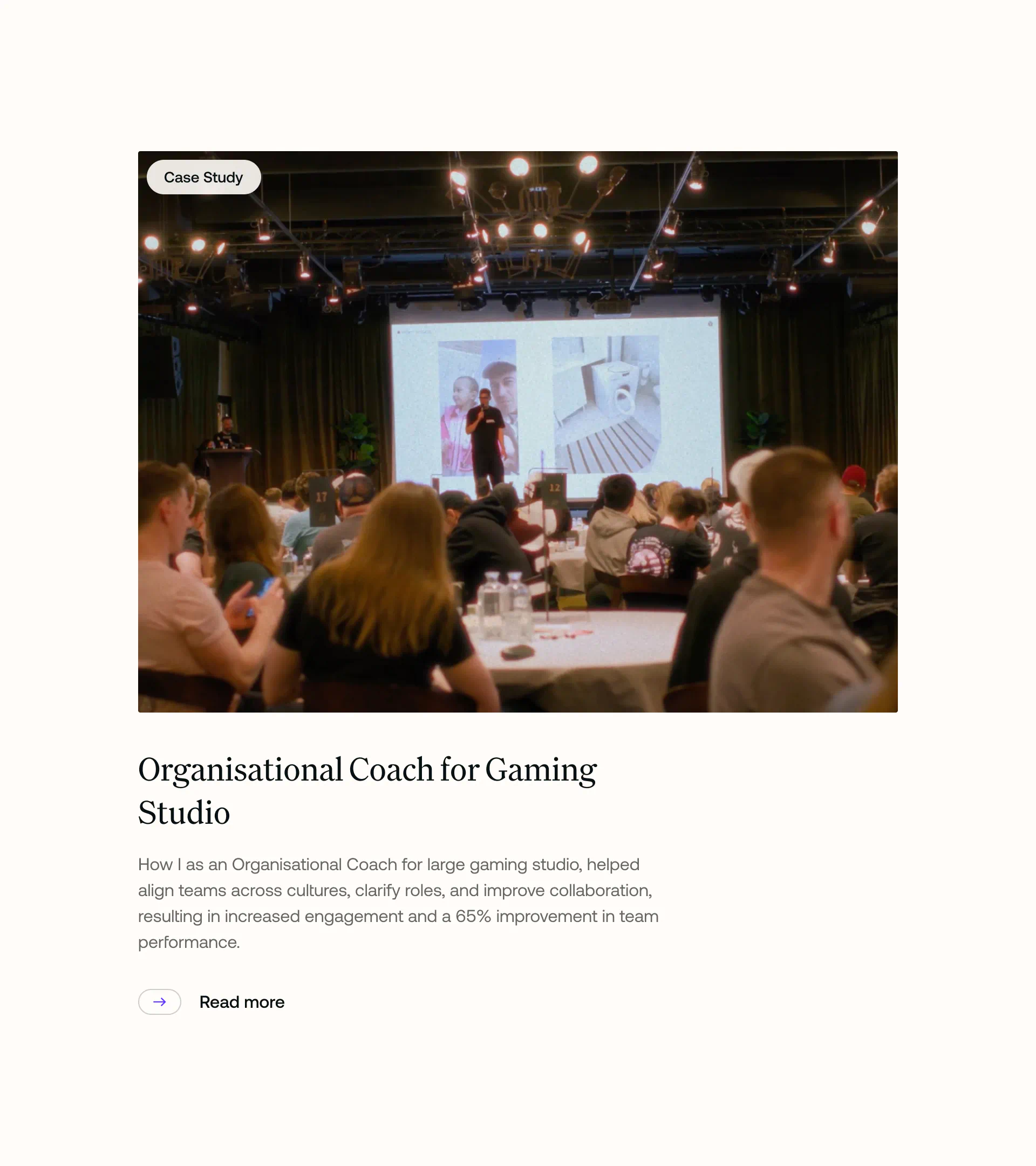 Case study article card featuring Rasmus Noah Hansen as an organisational coach for a gaming studio, with results of improved collaboration and team performance.