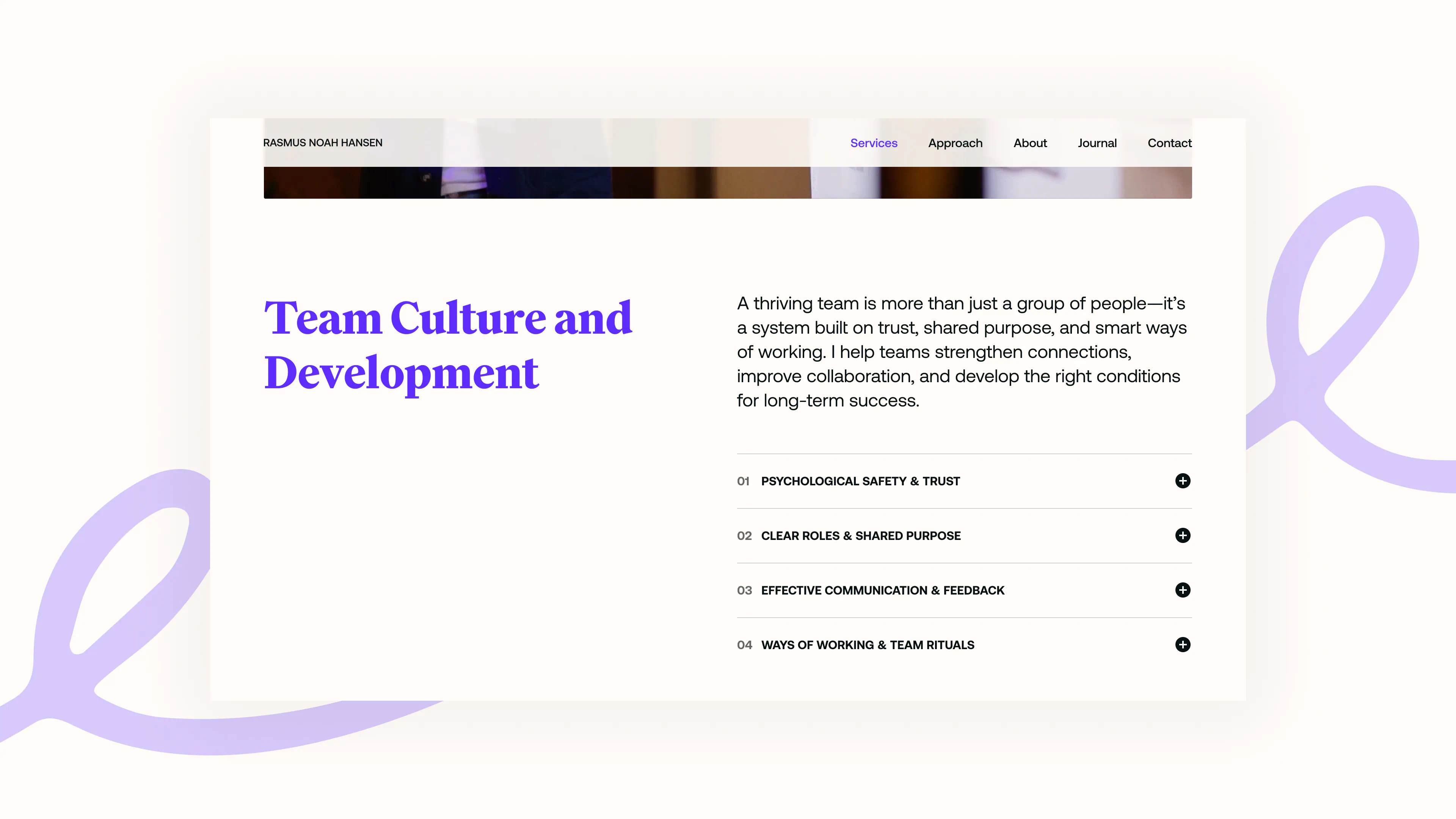 Services page design featuring sticky scroll typography, showcasing team culture and development through expandable sections on trust, purpose, communication, and rituals.