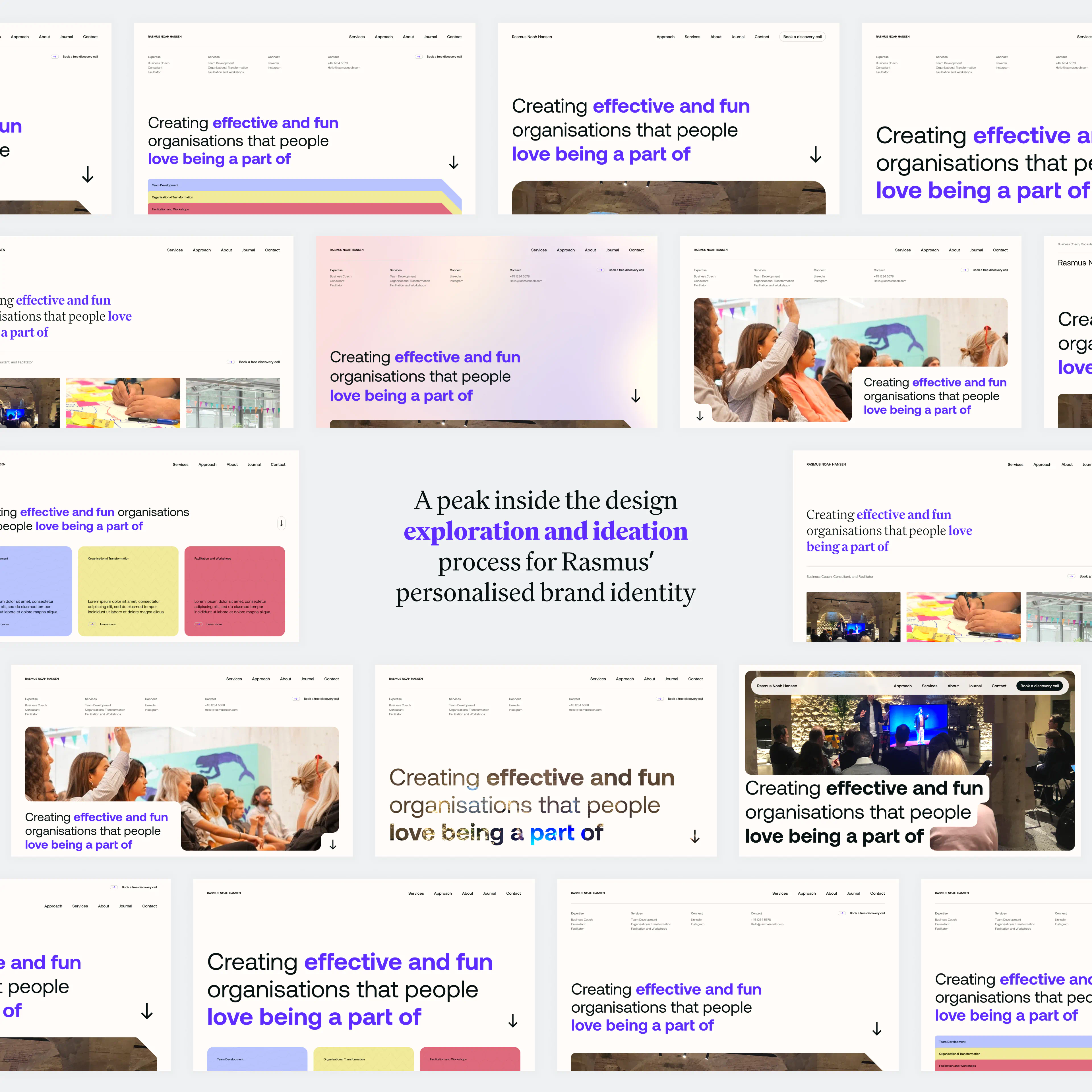 Exploration of different design directions and ideation layouts for Rasmus Noah Hansen’s personal brand website, with bold typography and colour variations.