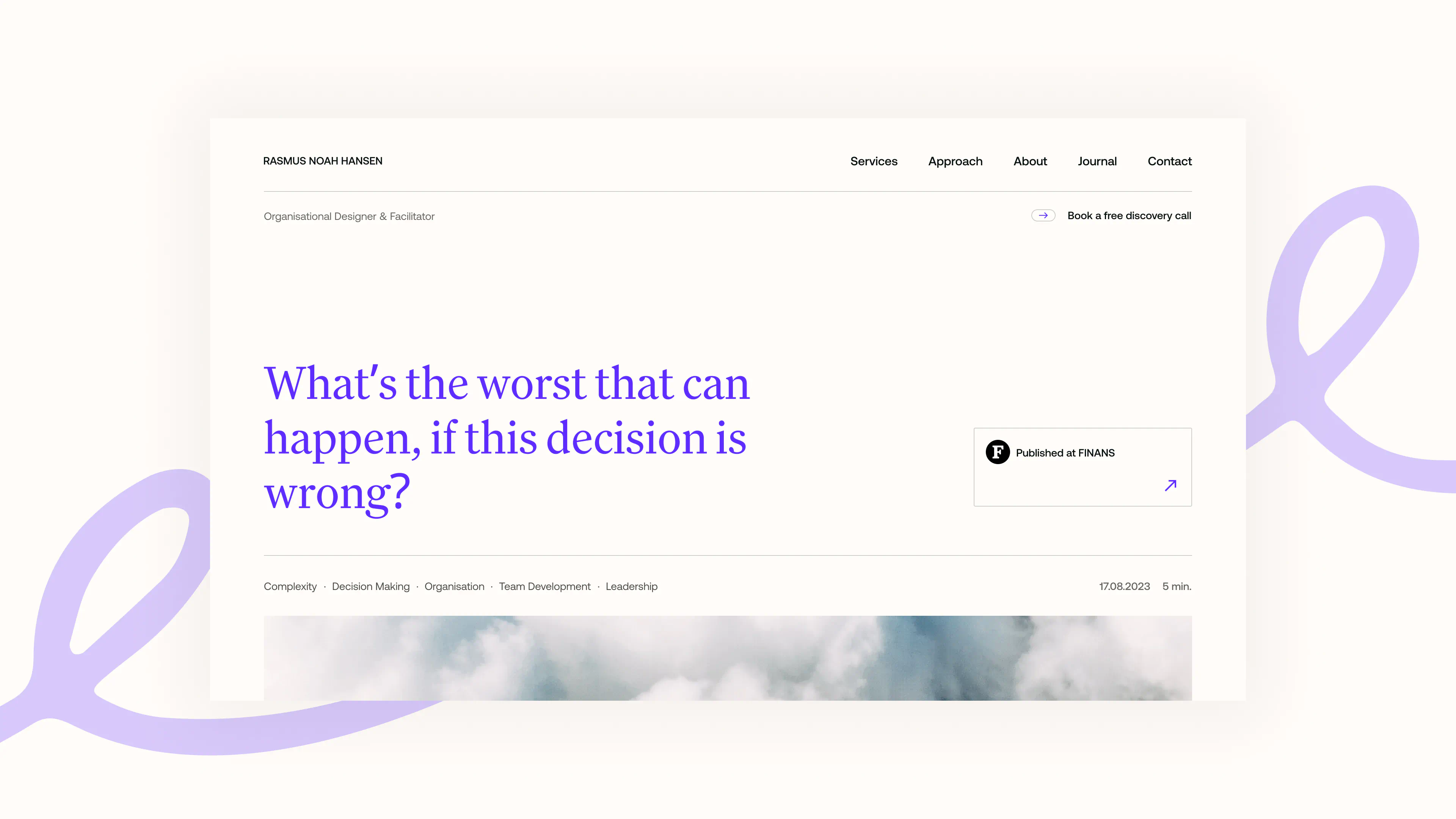 Article page design template for Rasmus Noah Hansen, featuring the headline “What’s the worst that can happen, if this decision is wrong?” published on Finans.