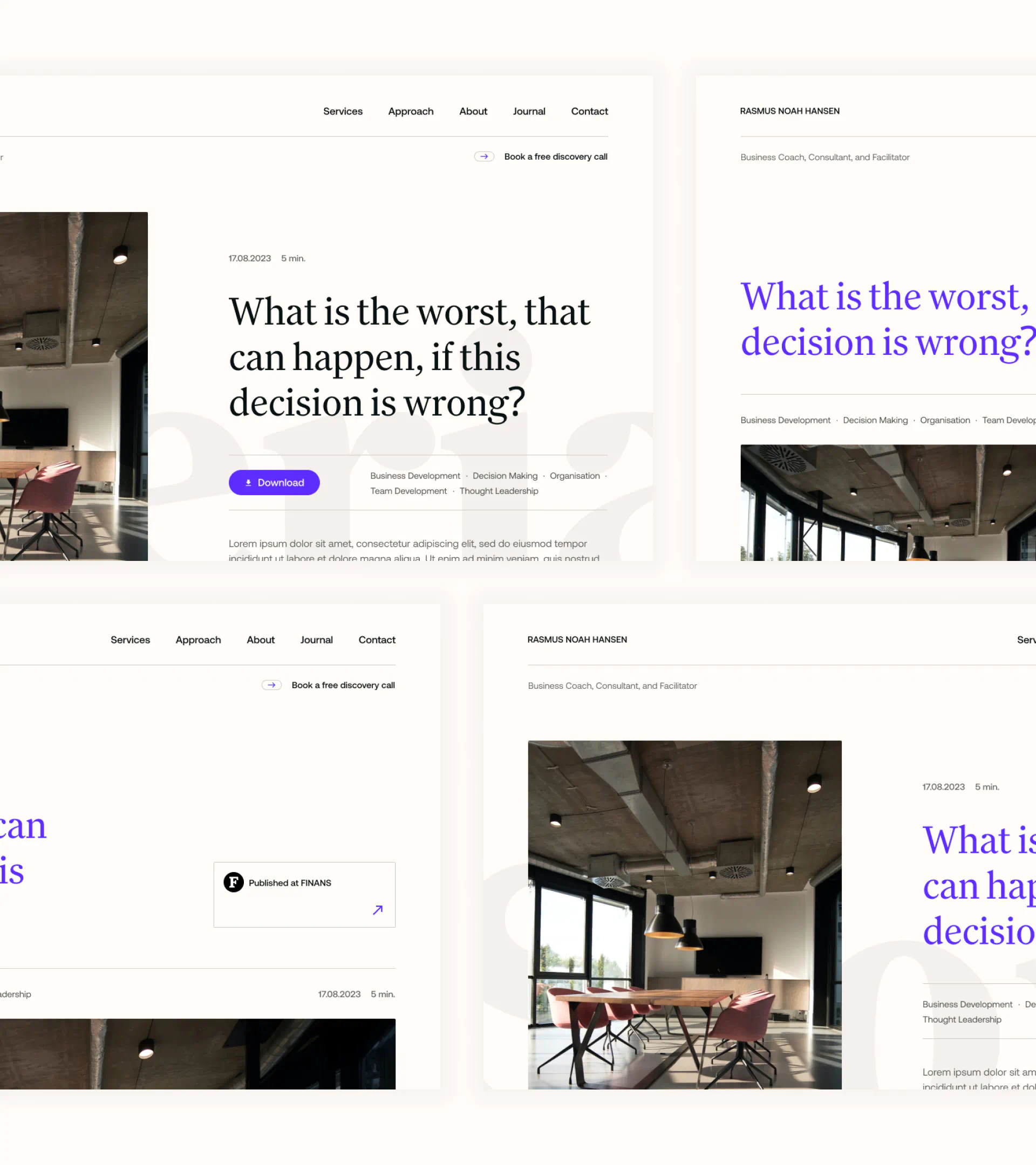 Collection of article template designs for Rasmus Noah Hansen’s site, featuring large headlines, editorial layouts, and thought-leadership content.